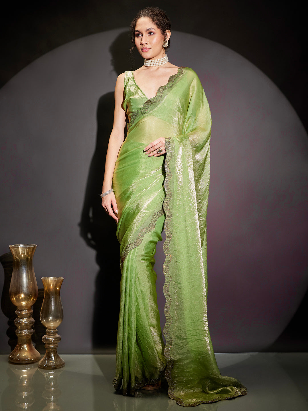 Janasya Women's Green & Gold Tissue Silk Ready To Wear Embellished Saree with Unstitched Blouse