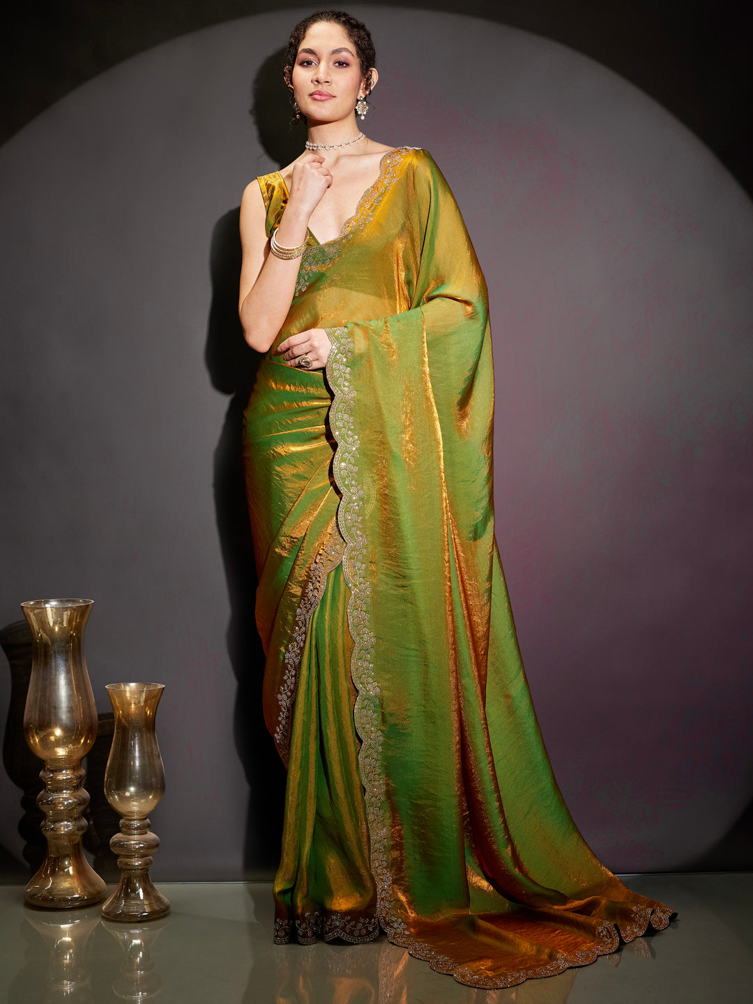 Janasya Women's Green & Gold Tissue Silk Ready To Wear Embellished Saree with Unstitched Blouse