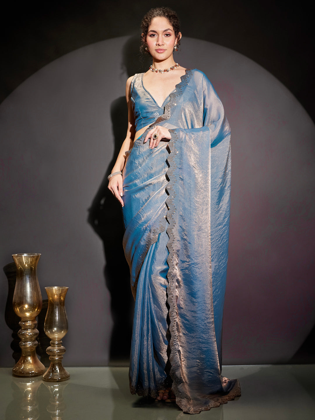 Janasya Women's Blue & Copper Tissue Silk One-Minute Ready-to-Wear Embellished Saree with Unstitched Blouse