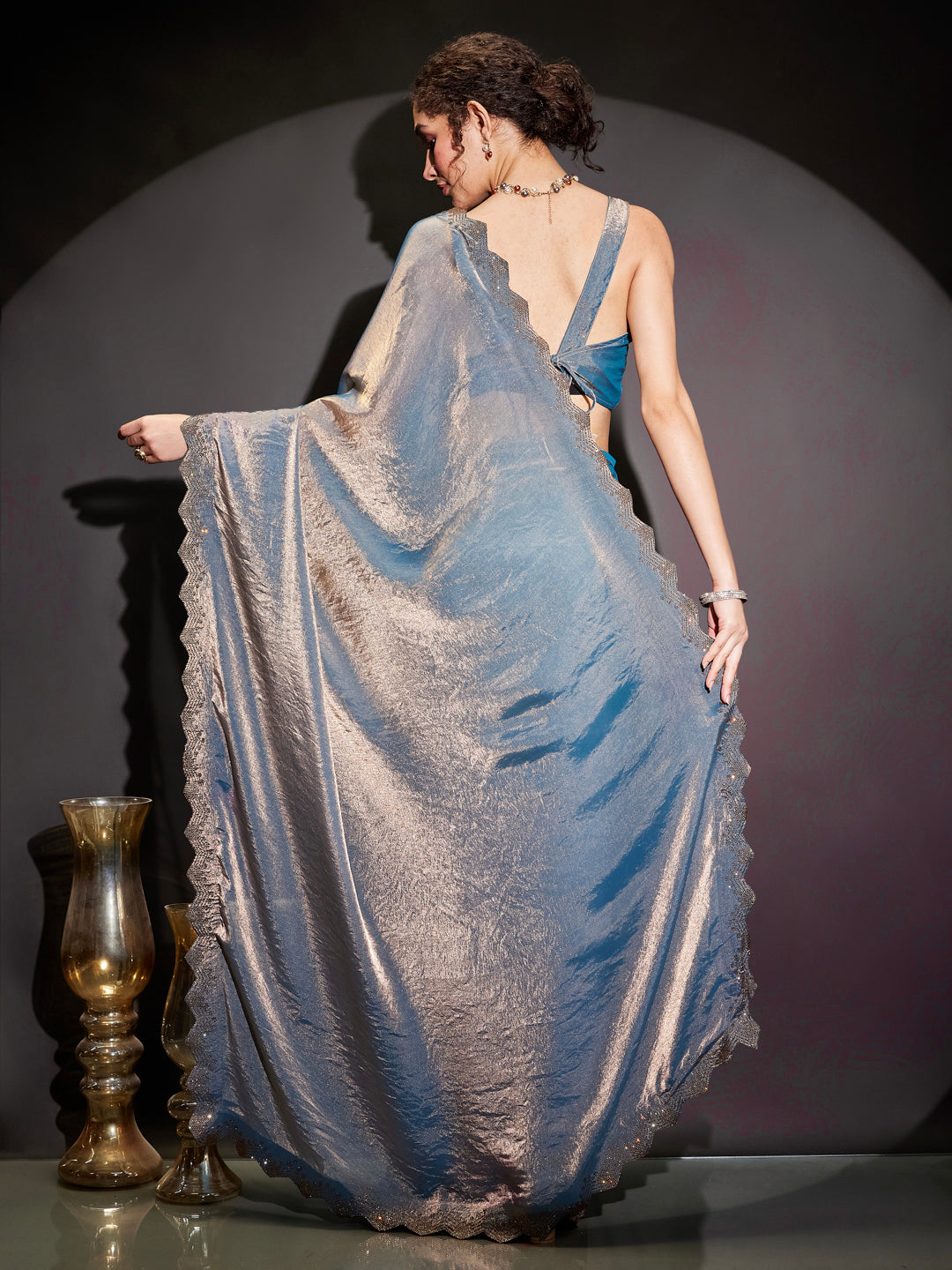 Janasya Women's Blue & Copper Tissue Silk One-Minute Ready-to-Wear Embellished Saree with Unstitched Blouse