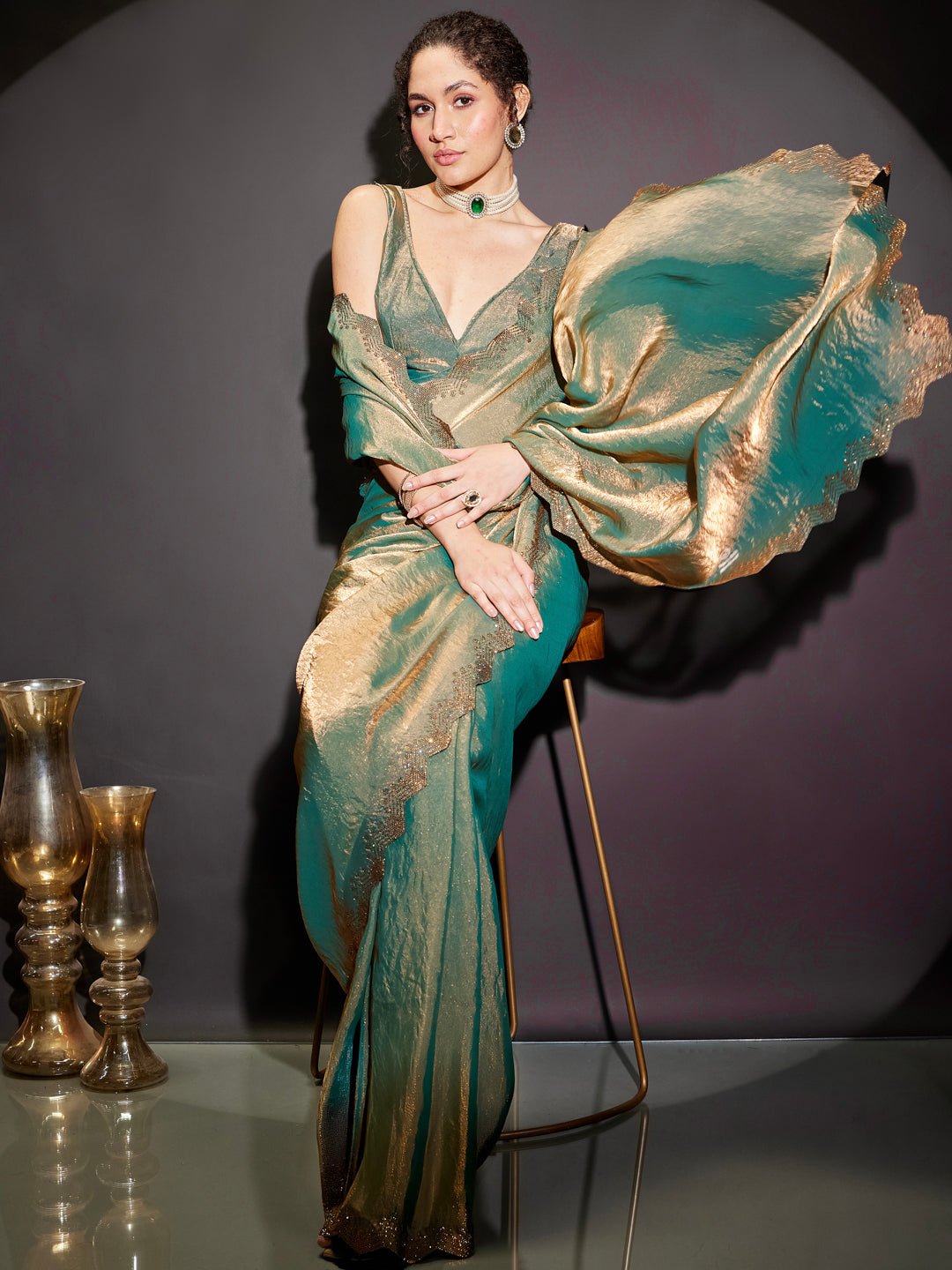 Janasya Women's Green & Gold Tissue Silk Ready To Wear Embellished Saree with Unstitched Blouse