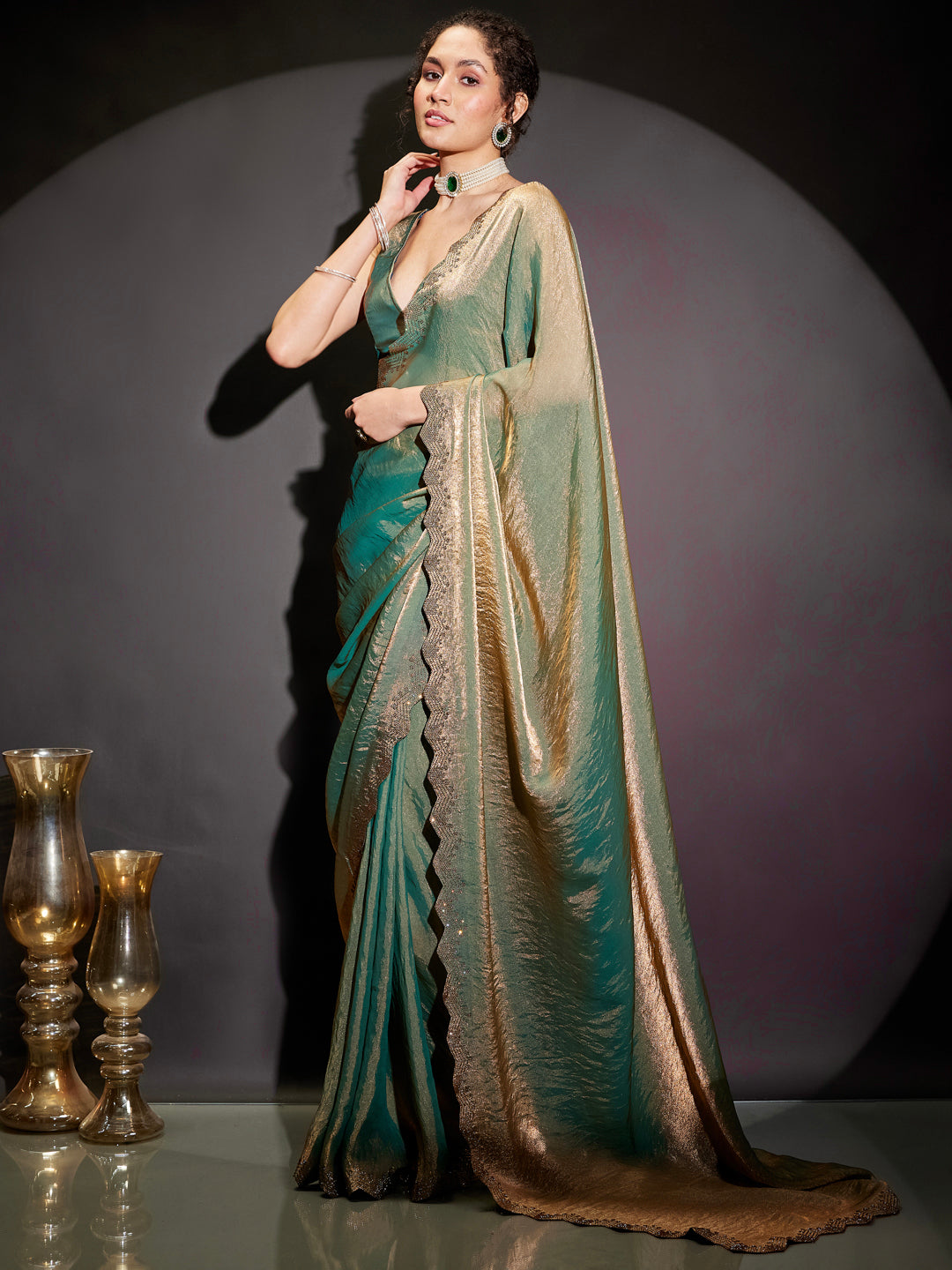 Janasya Women's Green & Gold Tissue Silk One-Minute Ready-to-Wear Embellished Saree with Unstitched Blouse