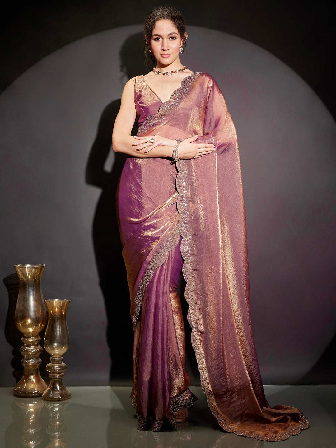 Janasya Women's Purple & Gold Tissue Silk Ready To Wear Embellished Saree with Unstitched Blouse