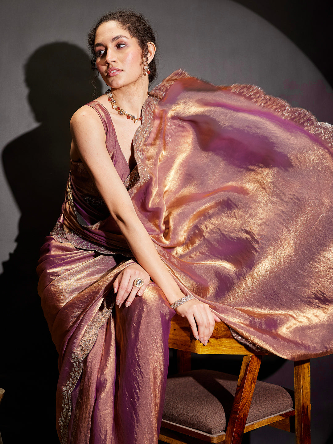 Janasya Women's Purple & Gold Tissue Silk Ready To Wear Embellished Saree with Unstitched Blouse