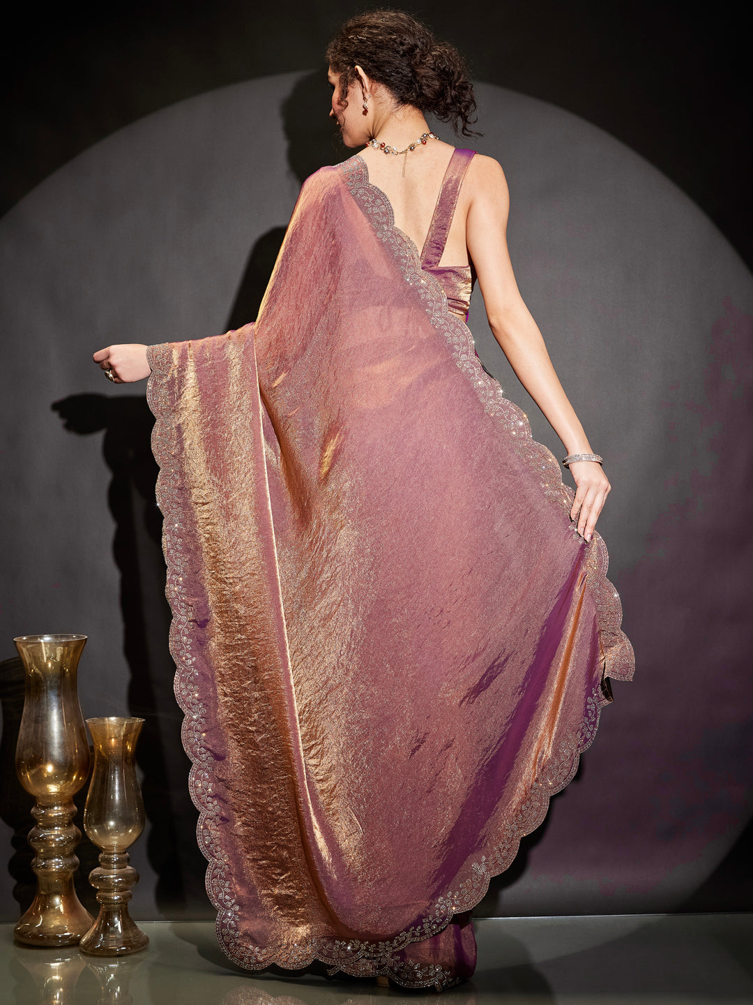 Janasya Women's Purple & Gold Tissue Silk Ready To Wear Embellished Saree with Unstitched Blouse