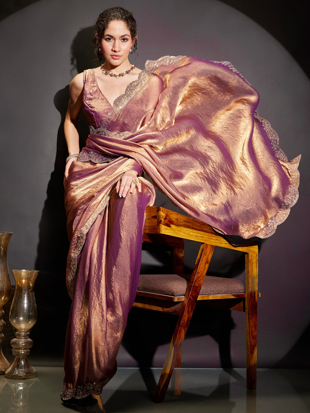 Janasya Women's Purple & Gold Tissue Silk Ready To Wear Embellished Saree with Unstitched Blouse