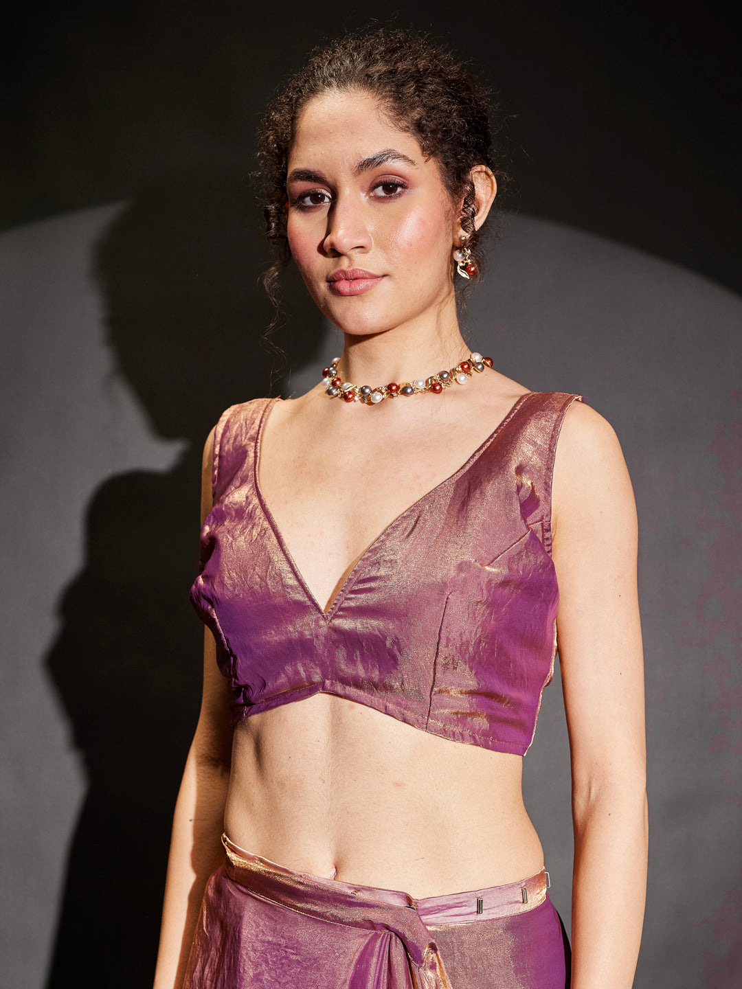 Janasya Women's Purple & Gold Tissue Silk Ready To Wear Embellished Saree with Unstitched Blouse