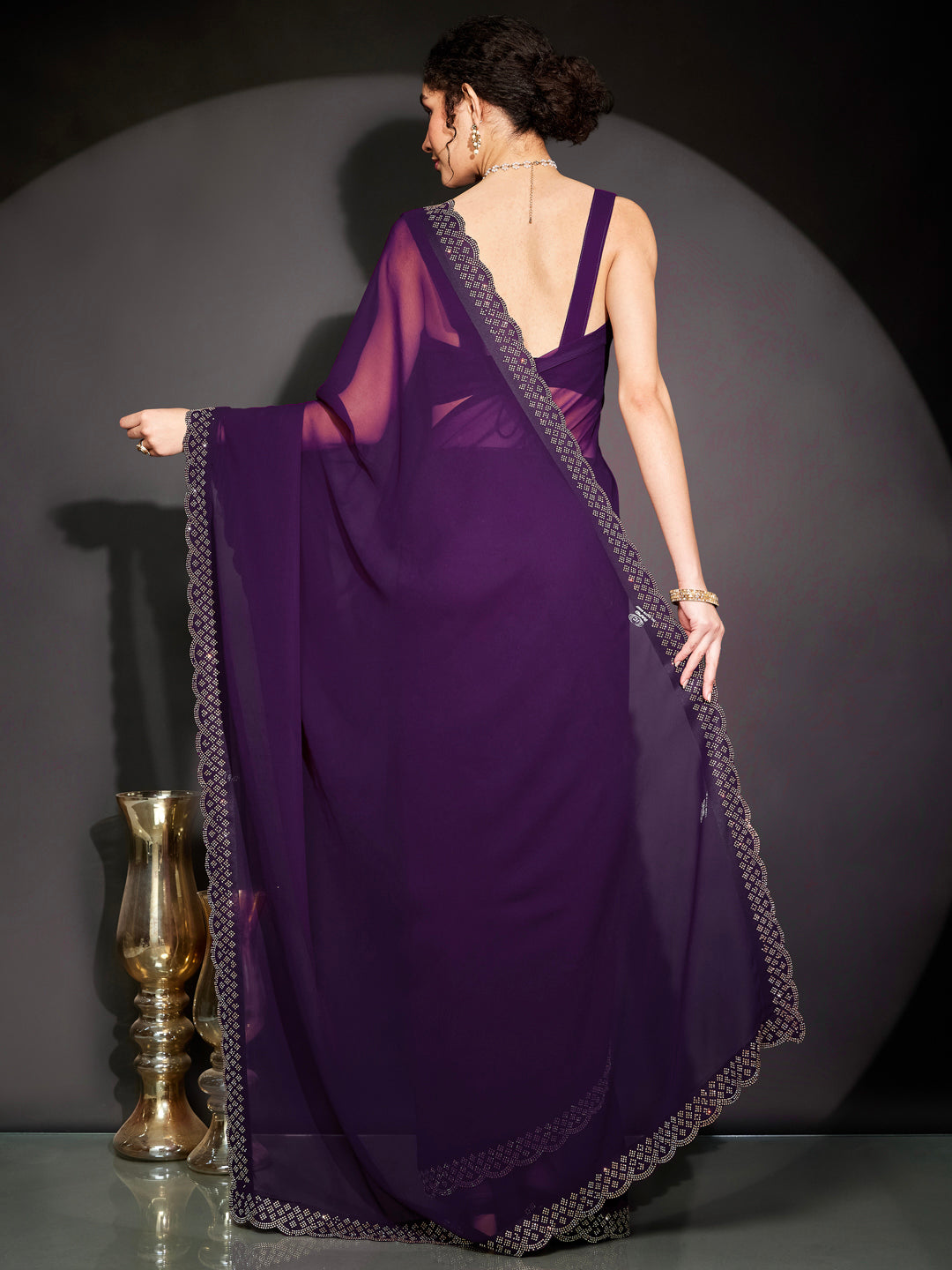 Janasya Women's Purple Georgette One-Minute Ready-to-Wear Embellished Saree with Unstitched Blouse