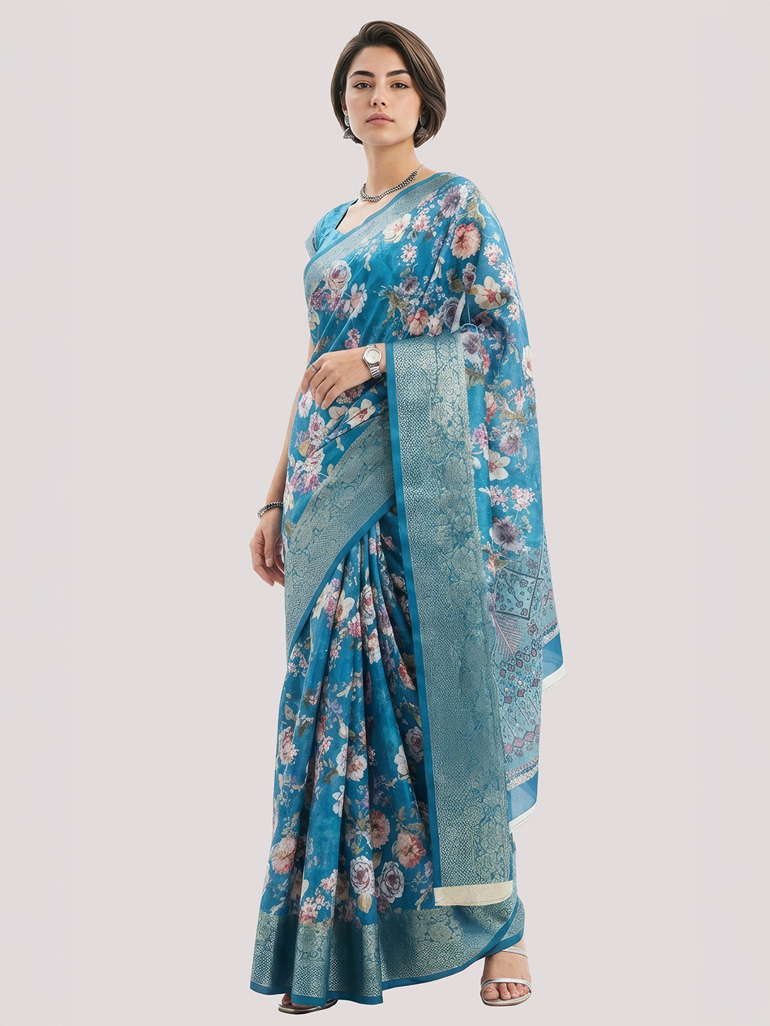 Janasya Women's Royal Blue Silk Blend Ready To Wear Floral  Printed Saree With Unstitched Blouse