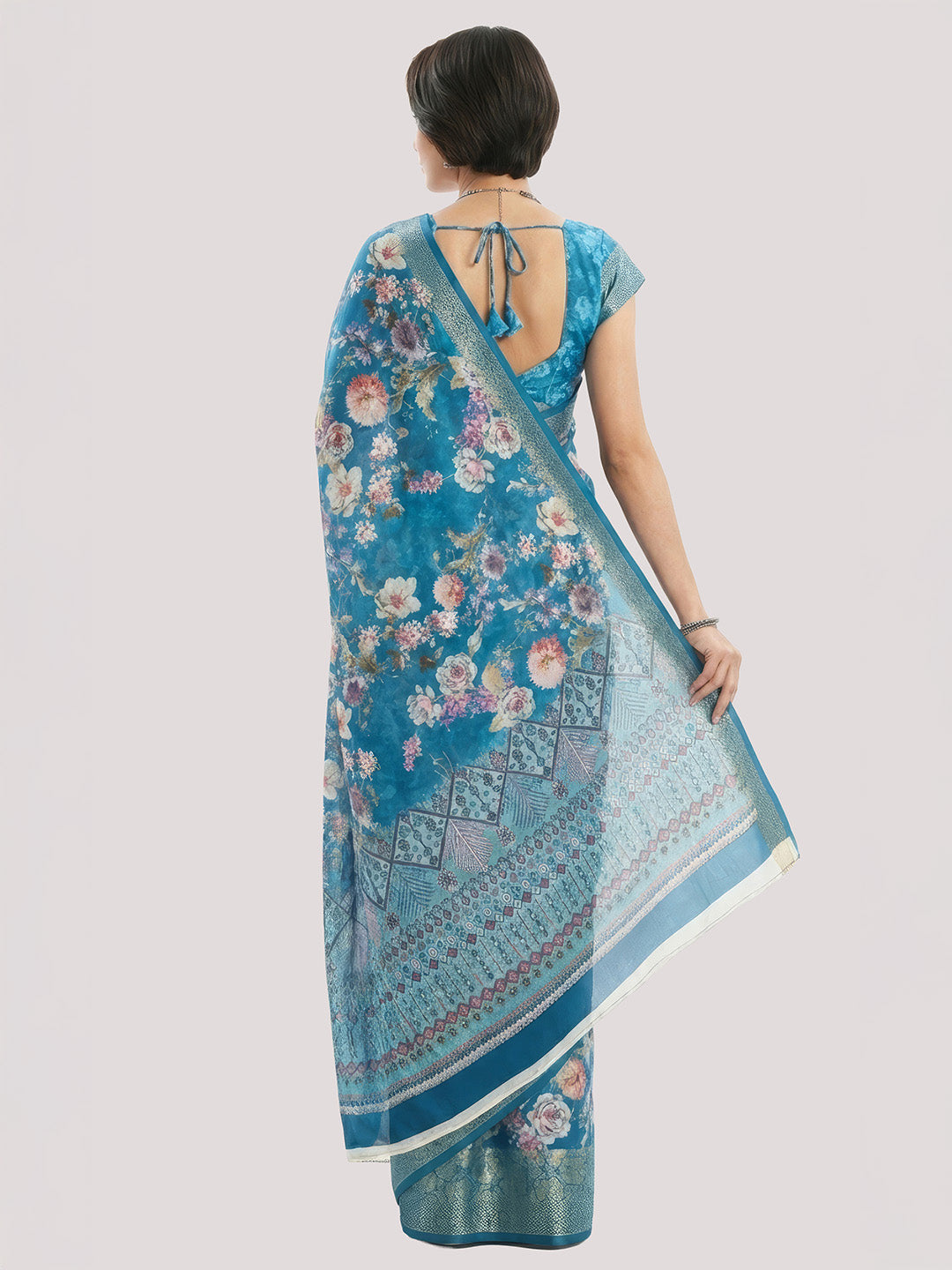 Janasya Women's Royal Blue Silk Blend Ready To Wear Floral  Printed Saree With Unstitched Blouse