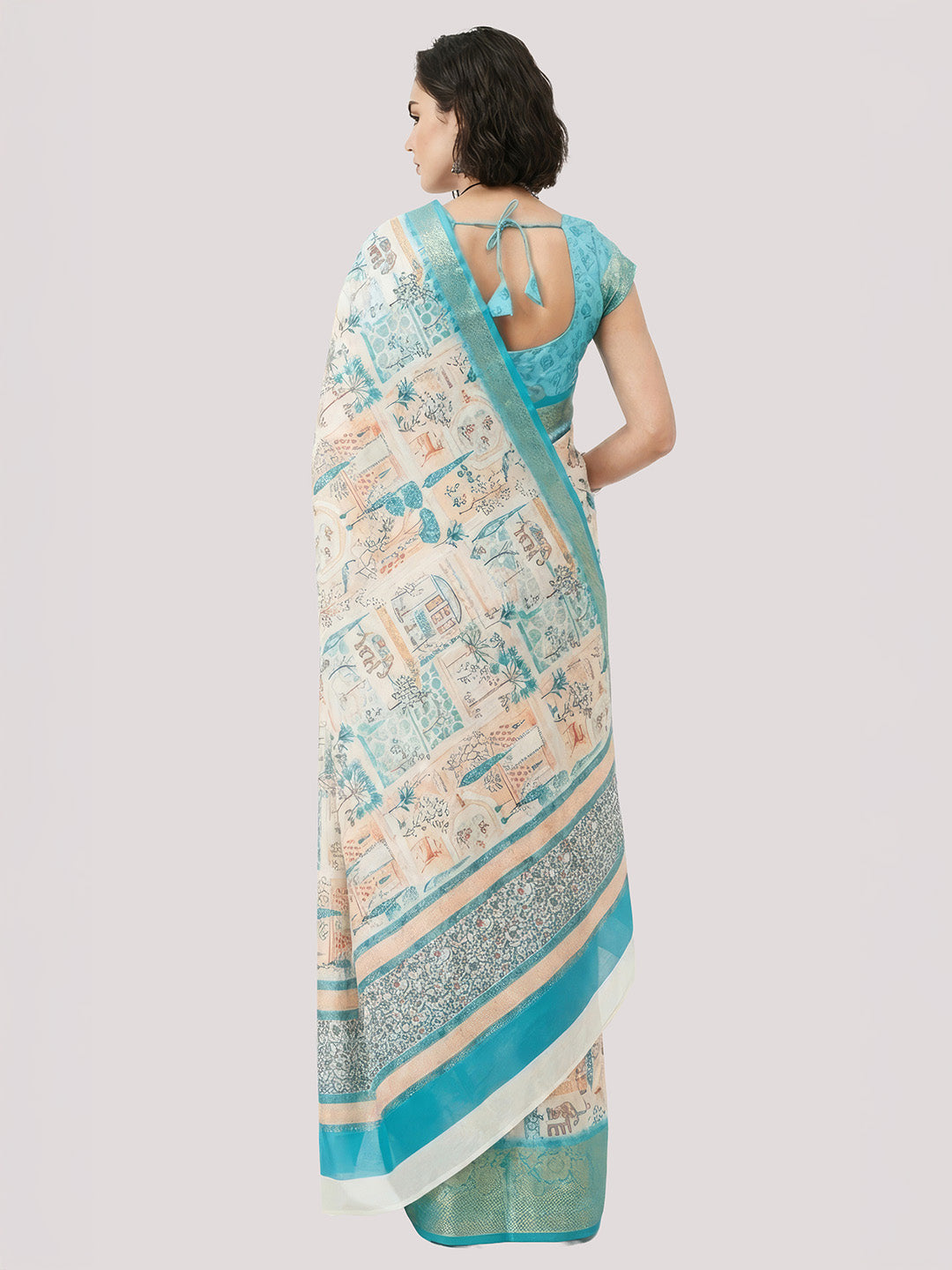 Janasya Women's Cream Silk Blend Ready To Wear Tropical  Printed Saree With Unstitched Blouse