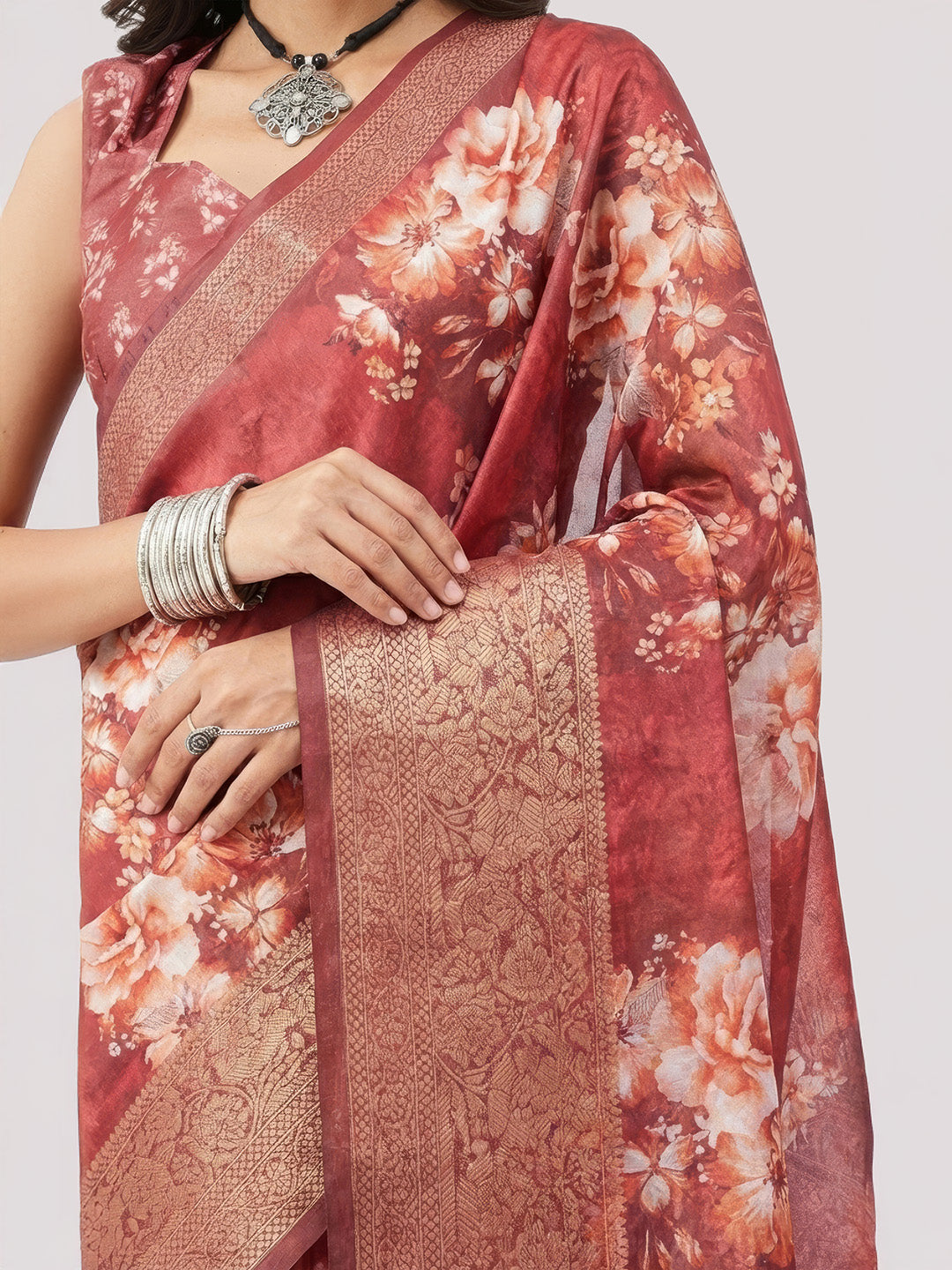 Janasya Women's Maroon Silk Blend Ready To Wear Floral Printed Saree With Unstitched Blouse