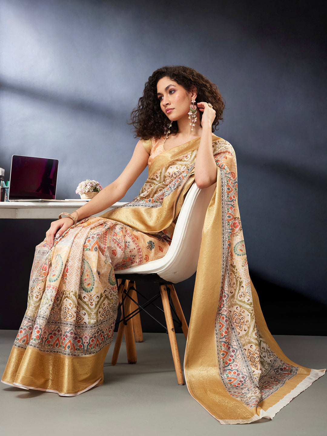 Janasya Women's Multicolor Silk Blend Ready To Wear Floral Printed Saree With Unstitched Blouse