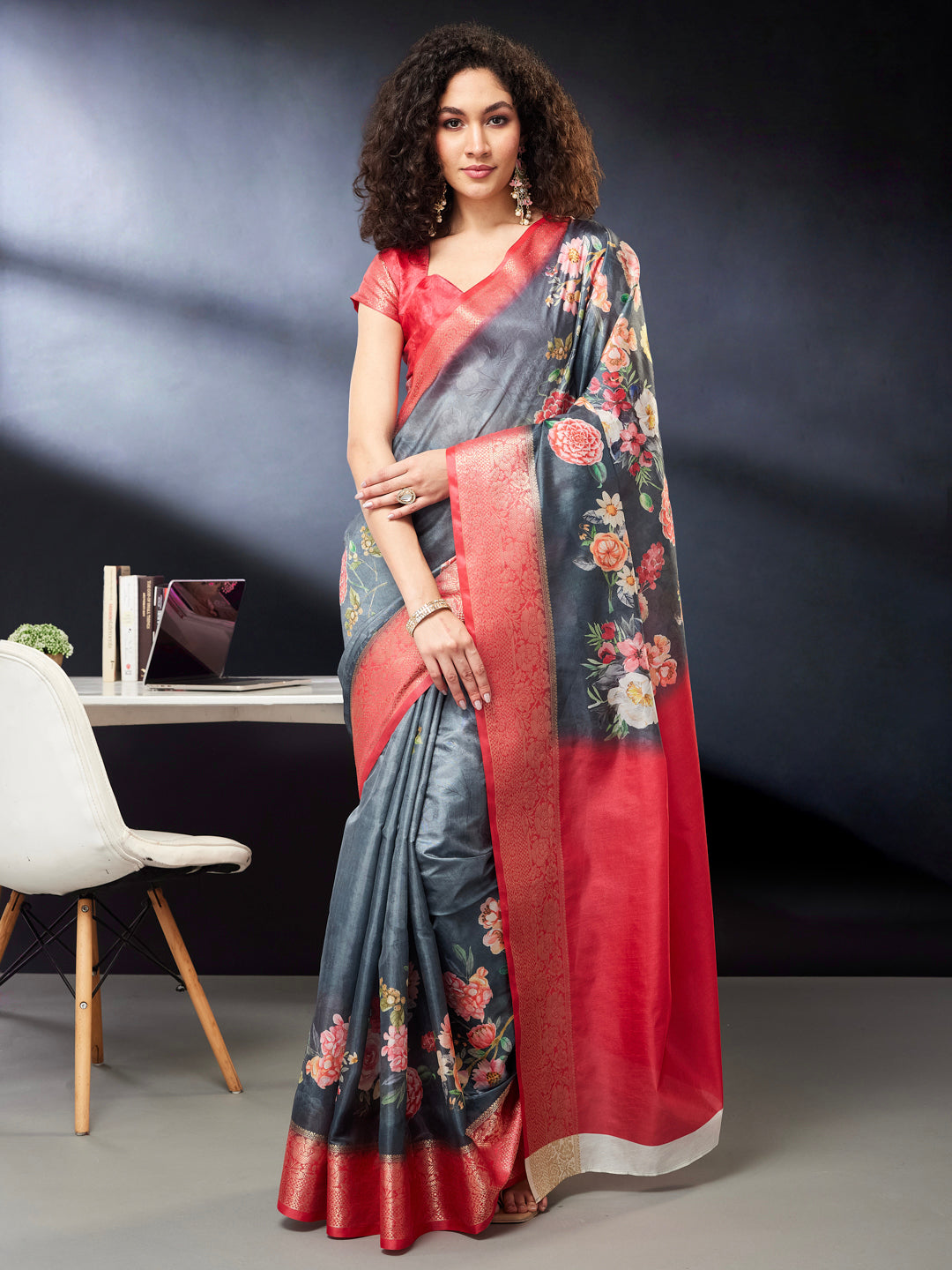 Janasya Women's Grey Silk Blend Ready To Wear Floral Printed Saree With Unstitched Blouse