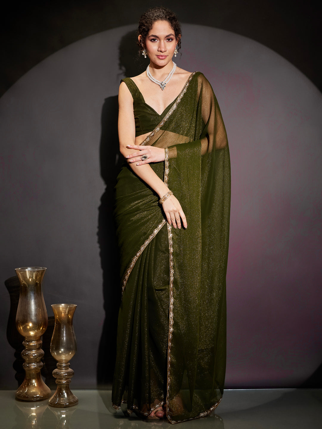 Janasya Women's Olive Silk Blend One-Minute Ready-to-Wear Embellished Shimmer Saree with Unstitched Blouse