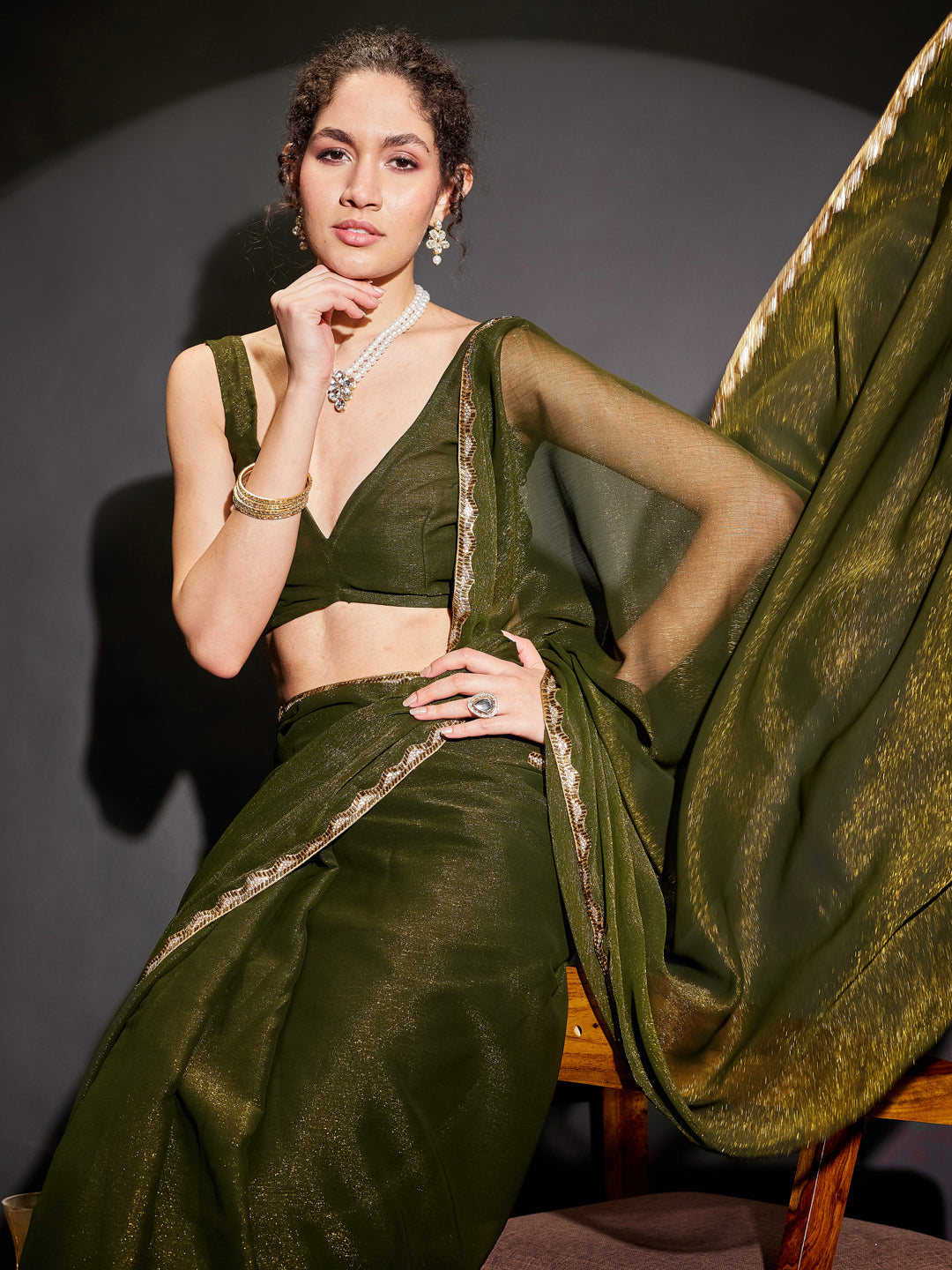 Janasya Women's Olive Silk Blend One-Minute Ready-to-Wear Embellished Shimmer Saree with Unstitched Blouse