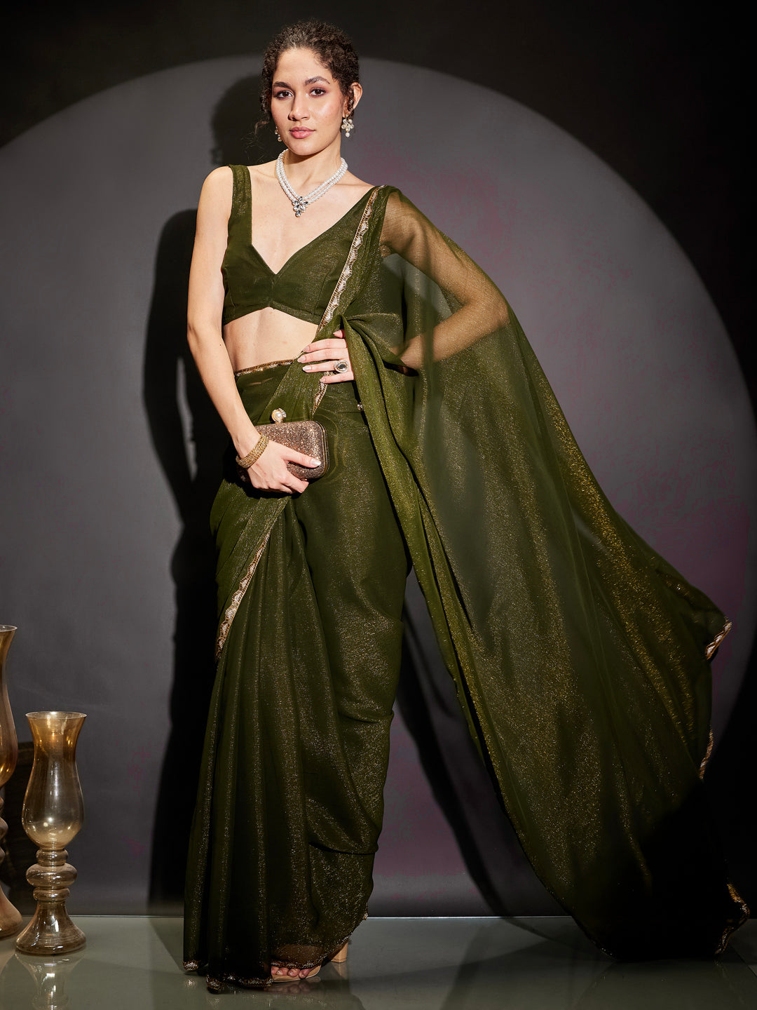 Janasya Women's Olive Silk Blend One-Minute Ready-to-Wear Embellished Shimmer Saree with Unstitched Blouse