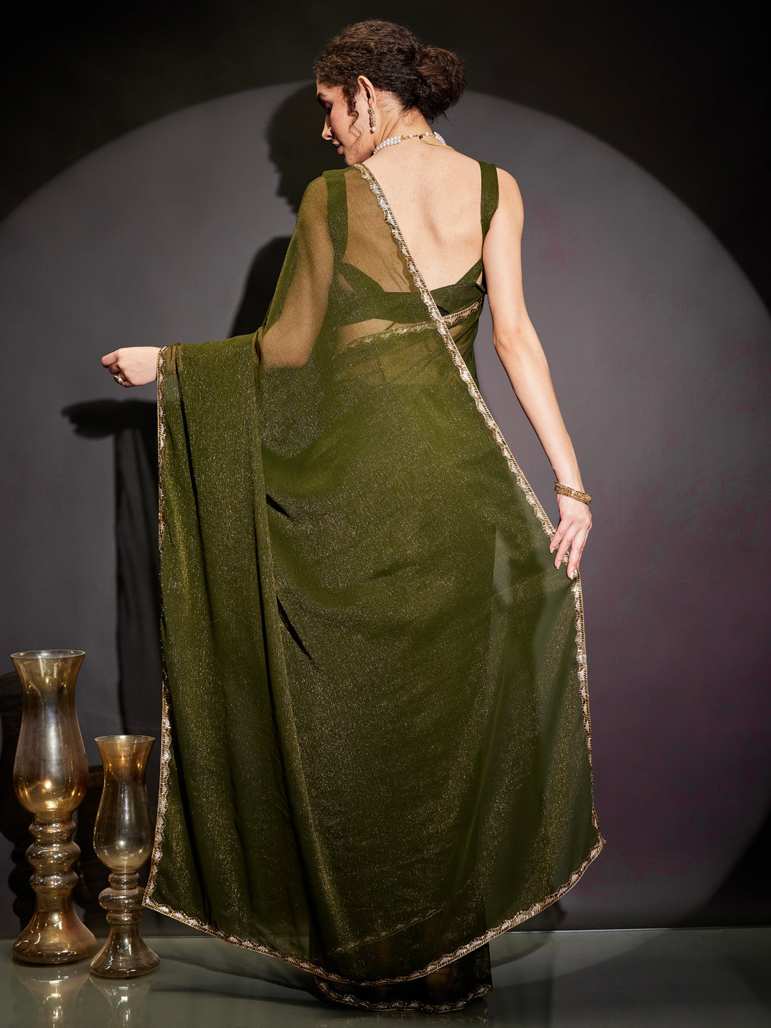 Janasya Women's Olive Silk Blend One-Minute Ready-to-Wear Embellished Shimmer Saree with Unstitched Blouse