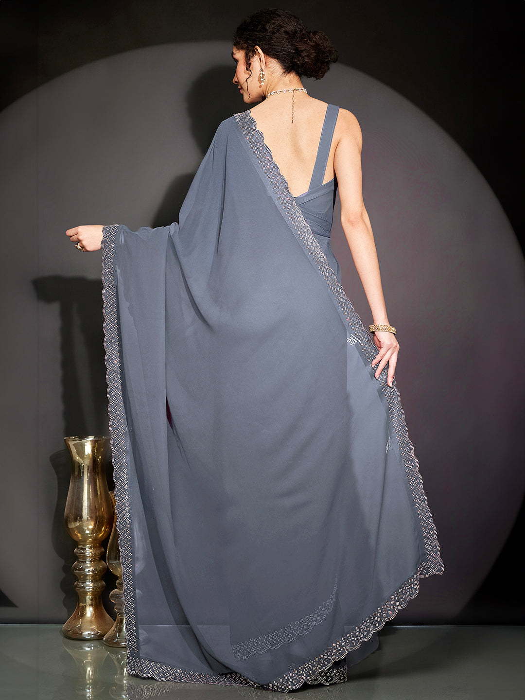 Janasya Women's Grey Georgette Ready To Wear Embellished Saree with Unstitched Blouse