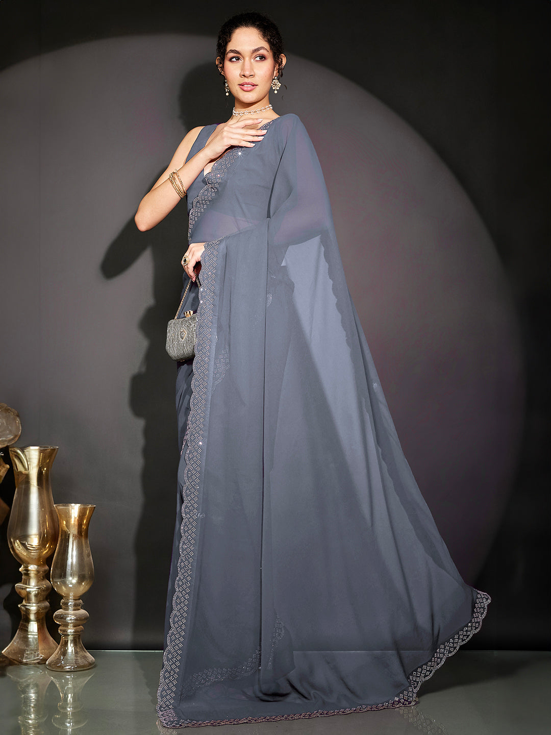 Janasya Women's Grey Georgette Ready To Wear Embellished Saree with Unstitched Blouse