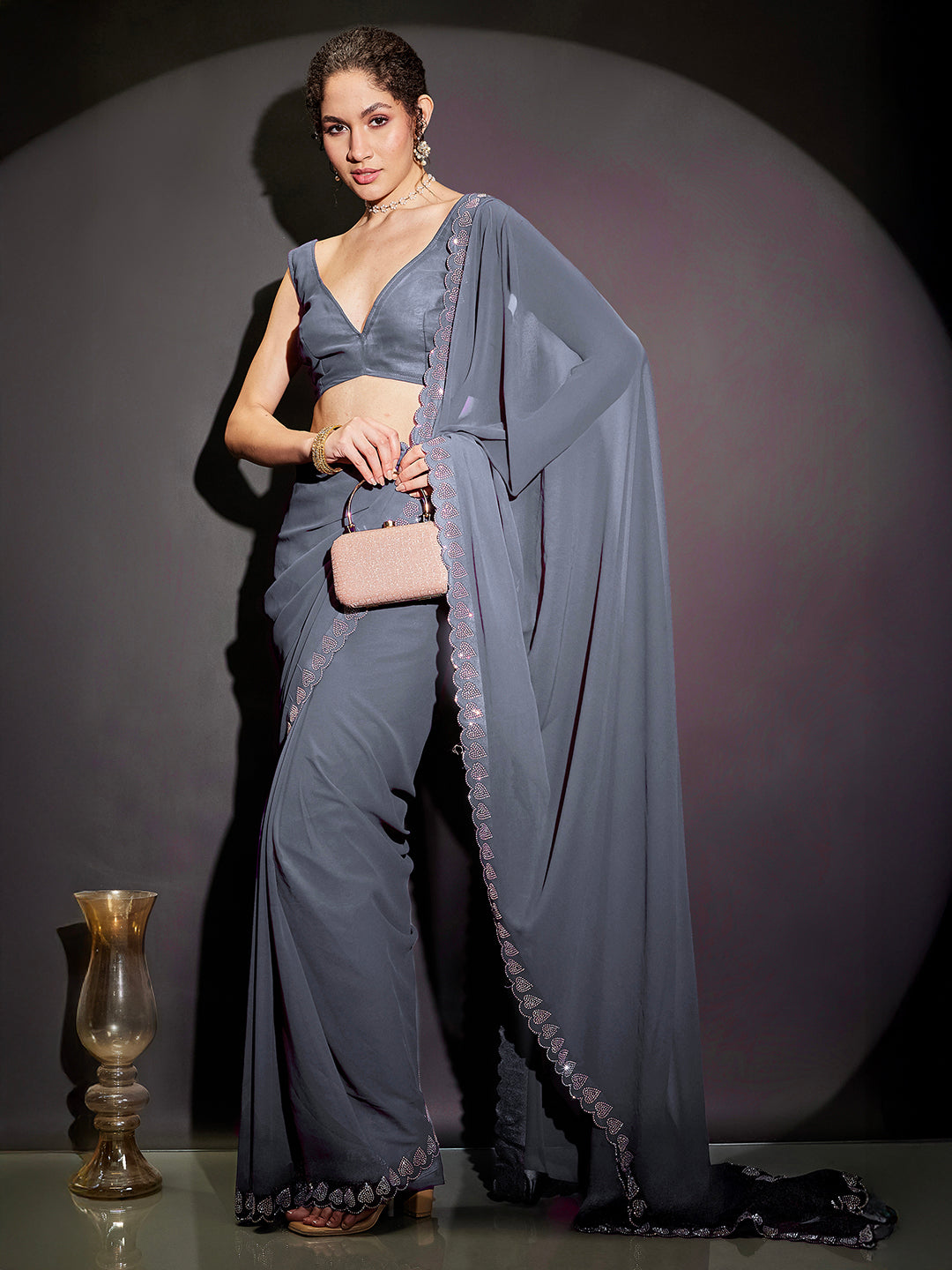 Janasya Women's Grey Gorgette Ready To Wear Embellished Saree with Unstitched Blouse