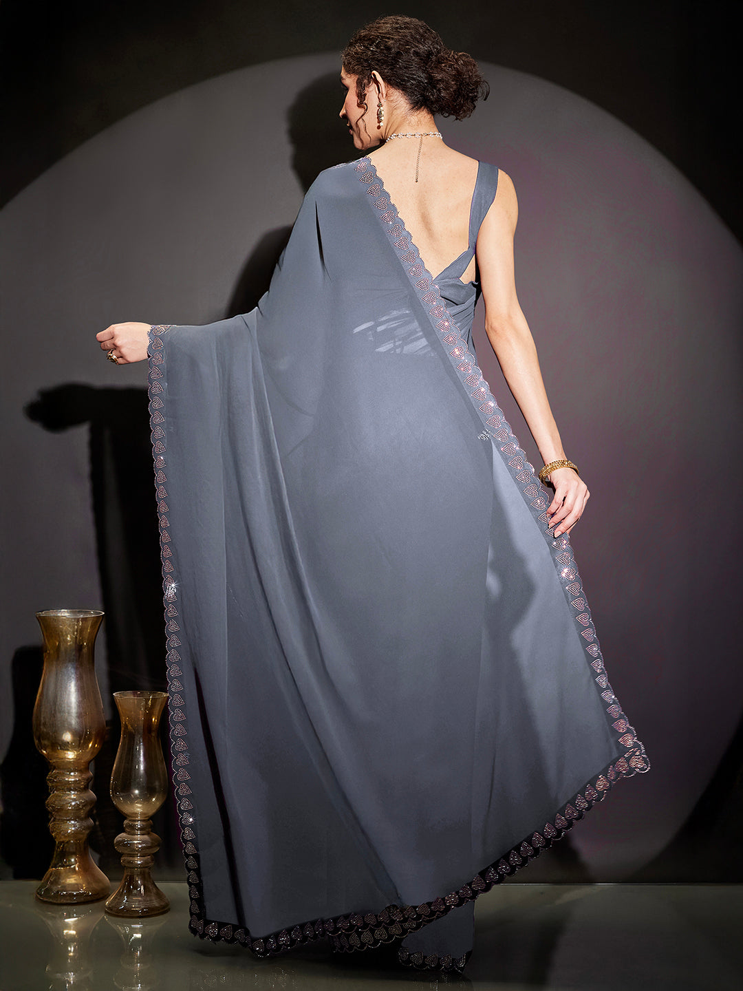 Janasya Women's Grey Georgette One-Minute Ready-to-Wear Embellished Saree with Unstitched Blouse
