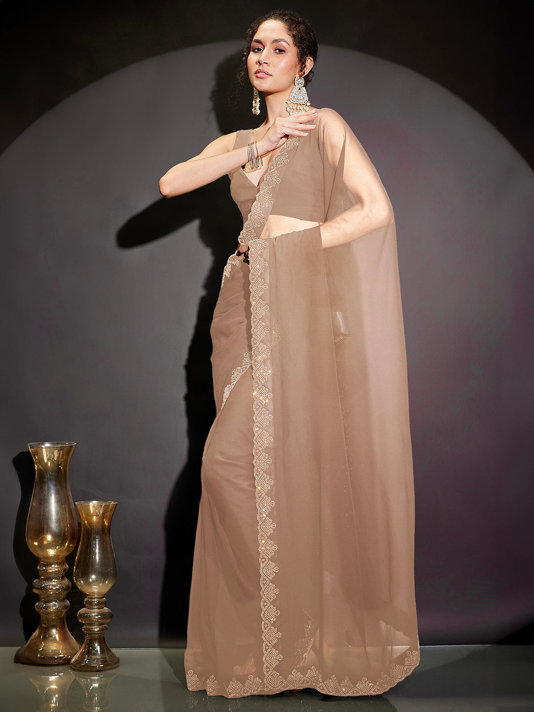 Janasya Women's Beige Georgette Ready To Wear Embellished Saree with Unstitched Blouse