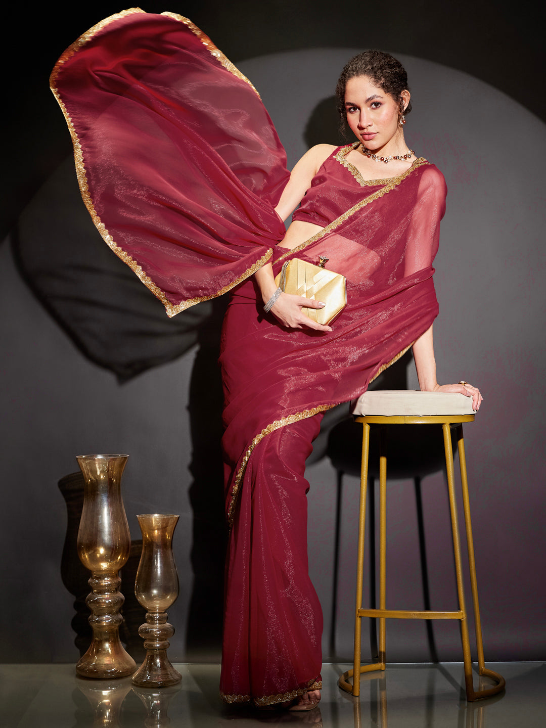 Janasya Women's Pink Silk Blend Ready To Wear Embellished Shimmer Saree with Unstitched Blouse