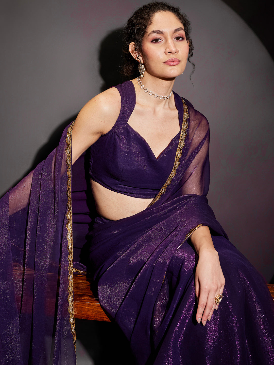 Janasya Women's Purple Silk Blend One-Minute Ready-to-Wear Embellished Shimmer Saree with Unstitched Blouse