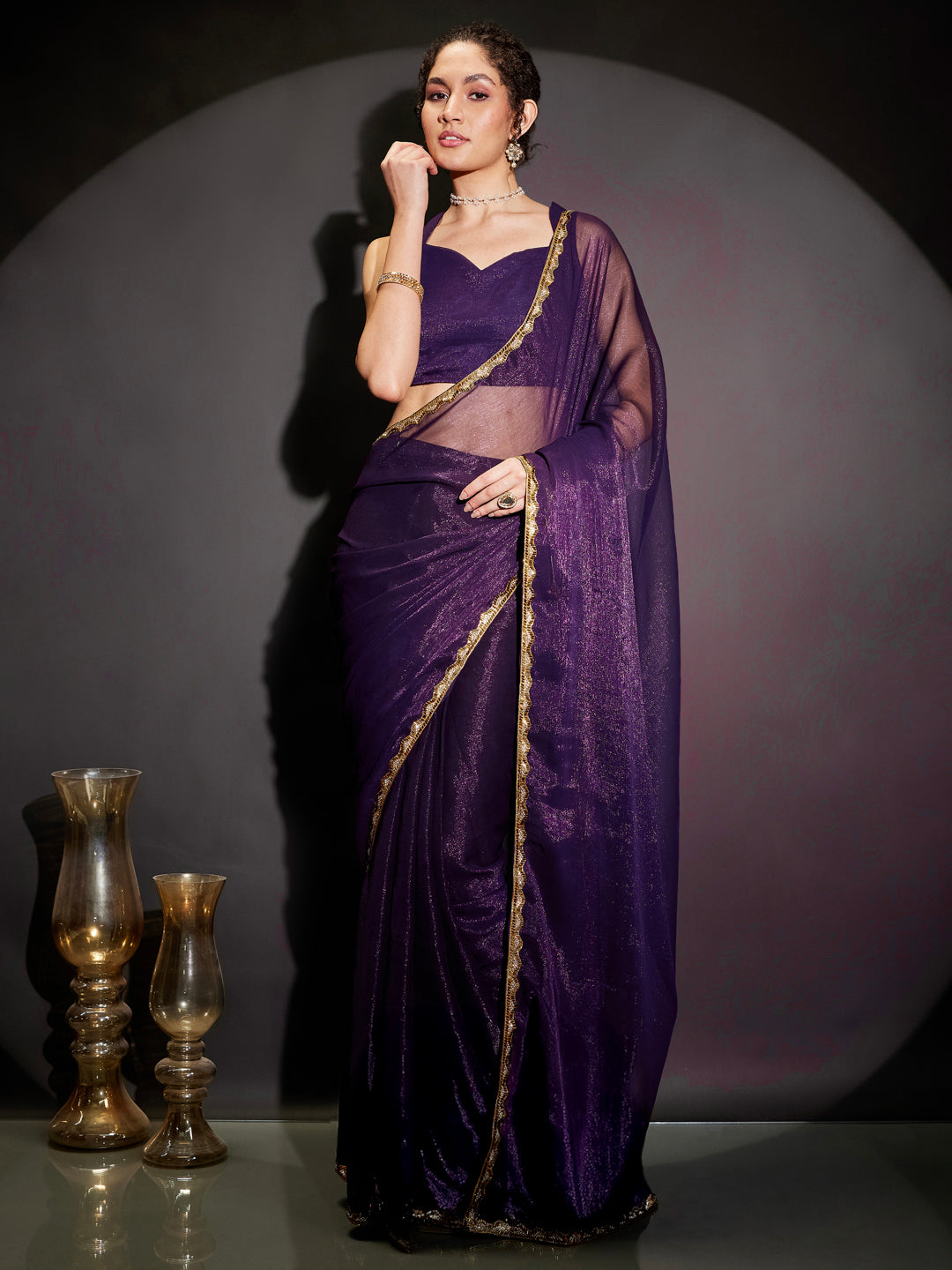 Janasya Women's Purple Silk Blend Ready To Wear Embellished Shimmer Saree with Unstitched Blouse