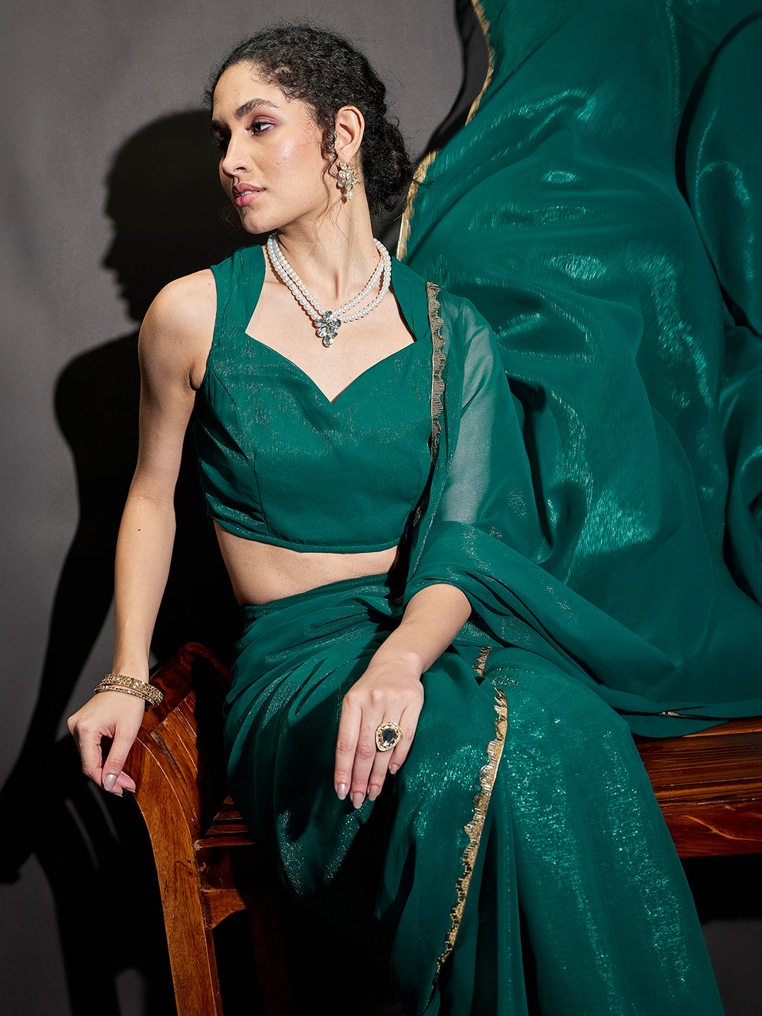 Janasya Women's Teal Green Silk Blend One-Minute Ready-to-Wear Embellished Shimmer Saree with Unstitched Blouse
