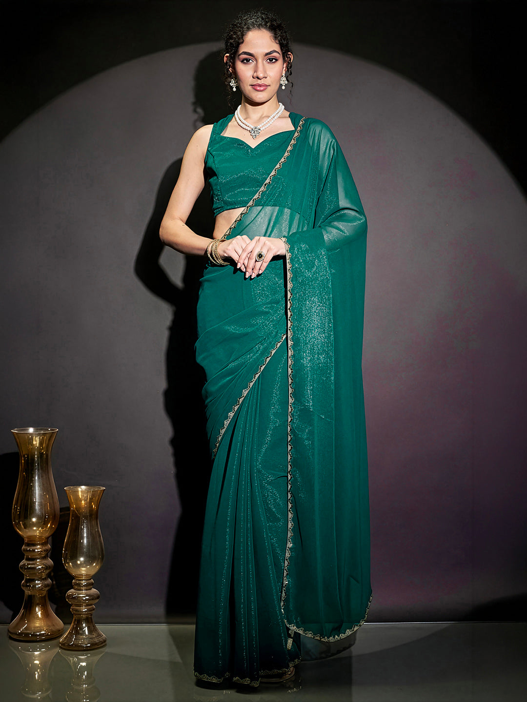 Janasya Women's Teal Green Silk Blend One-Minute Ready-to-Wear Embellished Shimmer Saree with Unstitched Blouse
