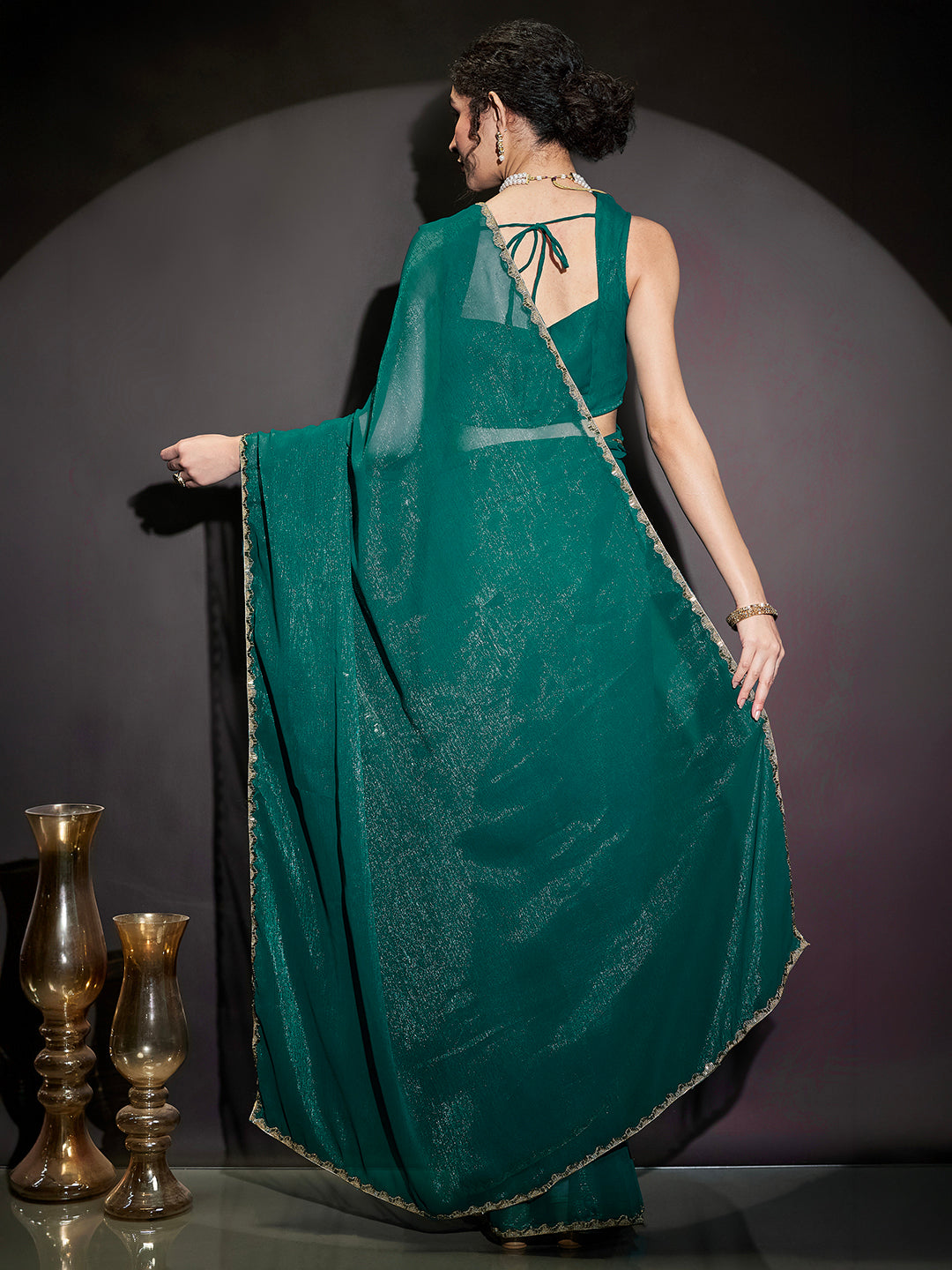 Janasya Women's Teal Green Silk Blend One-Minute Ready-to-Wear Embellished Shimmer Saree with Unstitched Blouse