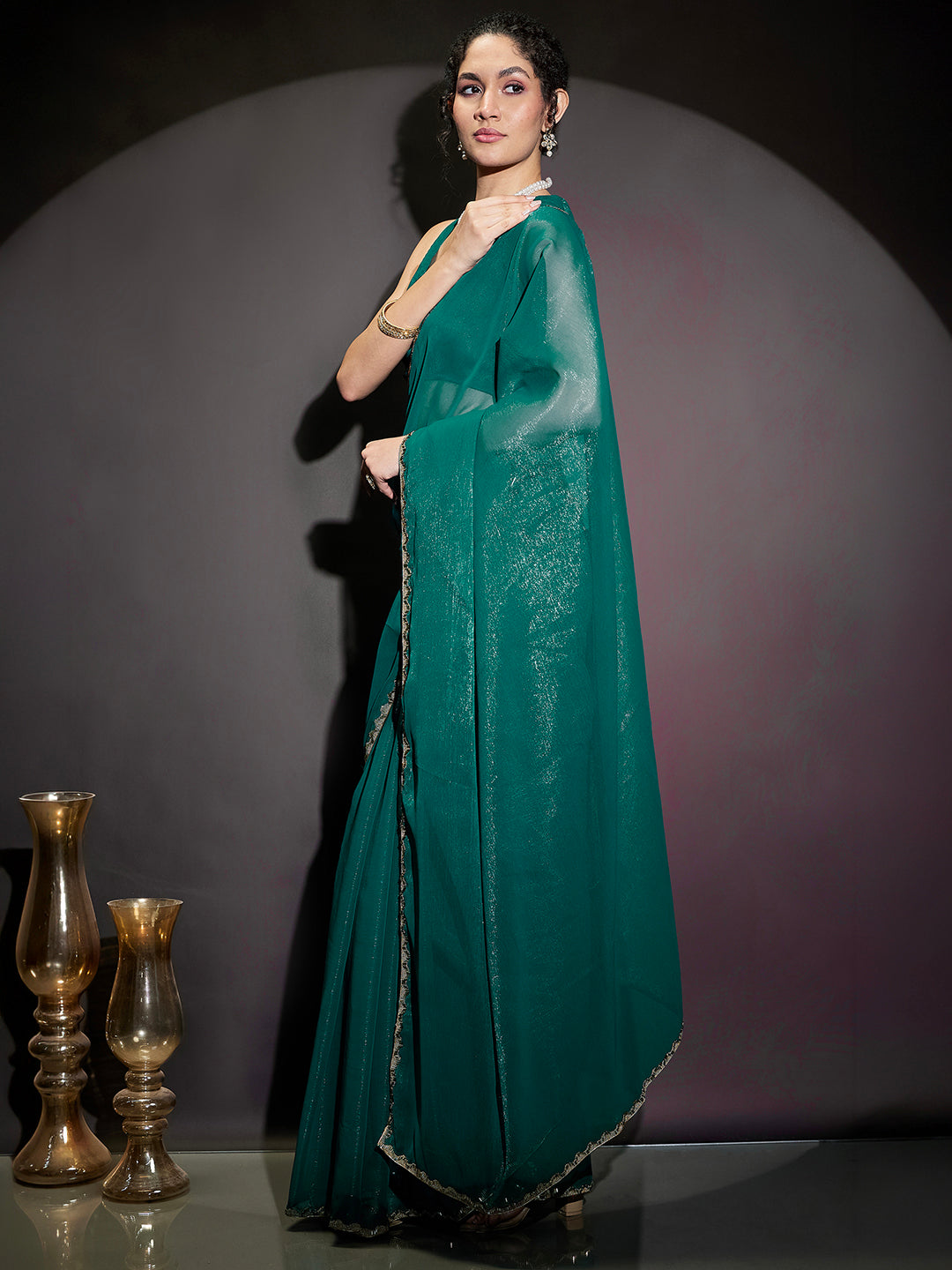 Janasya Women's Teal Green Silk Blend One-Minute Ready-to-Wear Embellished Shimmer Saree with Unstitched Blouse