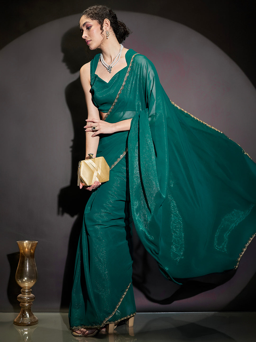Janasya Women's Teal Green Silk Blend One-Minute Ready-to-Wear Embellished Shimmer Saree with Unstitched Blouse