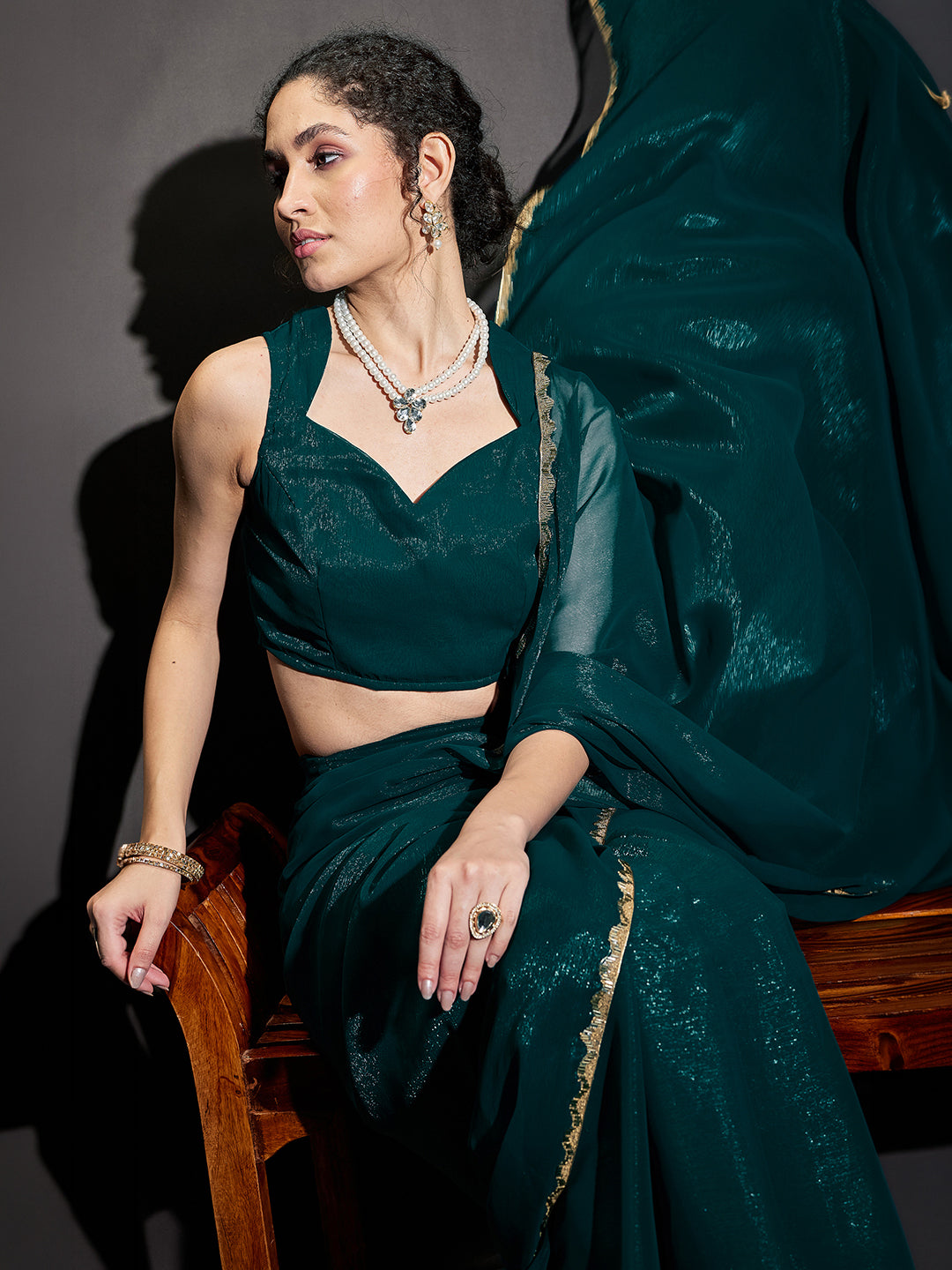 Janasya Women's Teal Blue Silk Blend One-Minute Ready-to-Wear Embellished Shimmer Saree with Unstitched Blouse