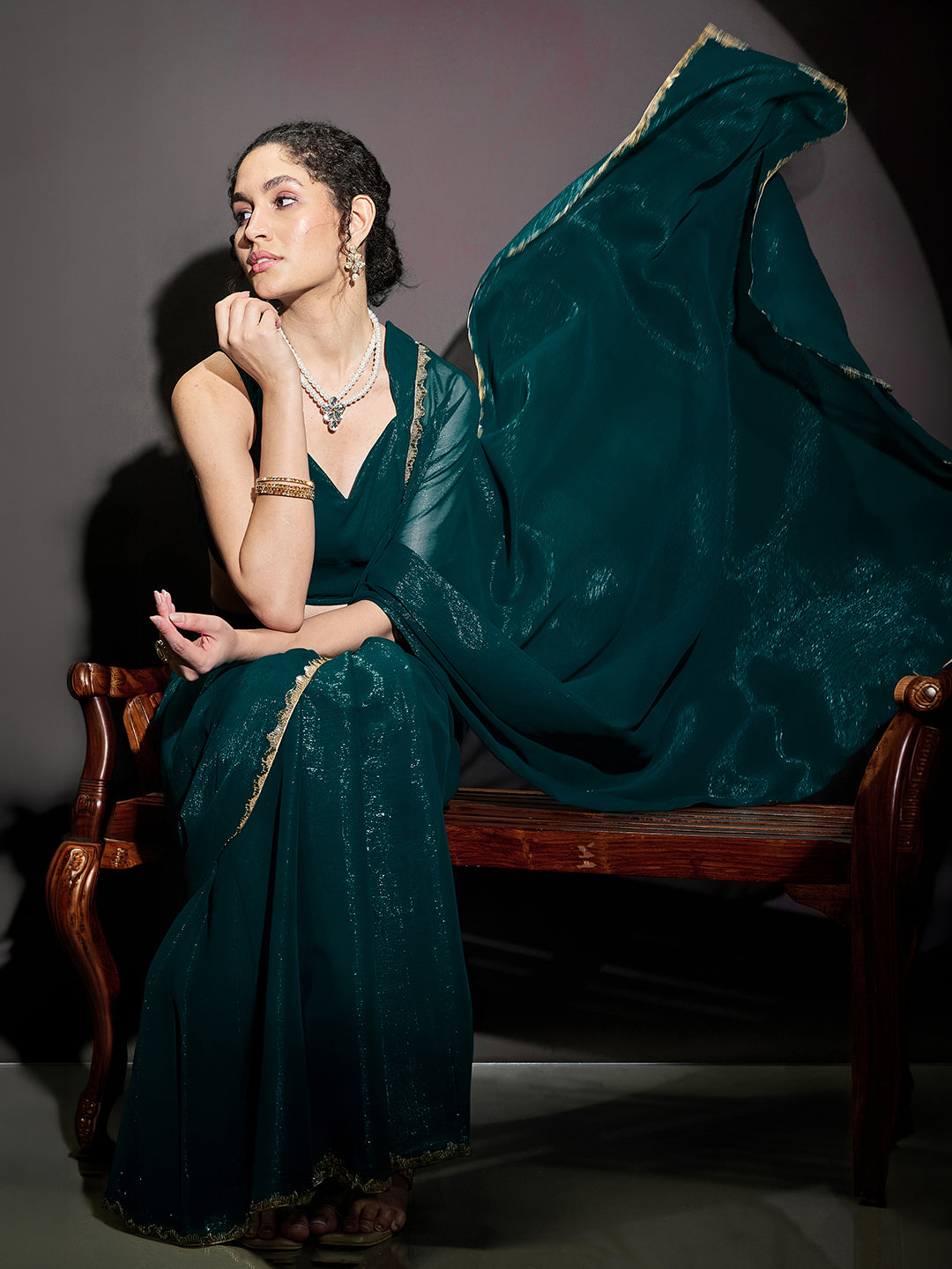 Janasya Women's Teal Blue Silk Blend One-Minute Ready-to-Wear Embellished Shimmer Saree with Unstitched Blouse
