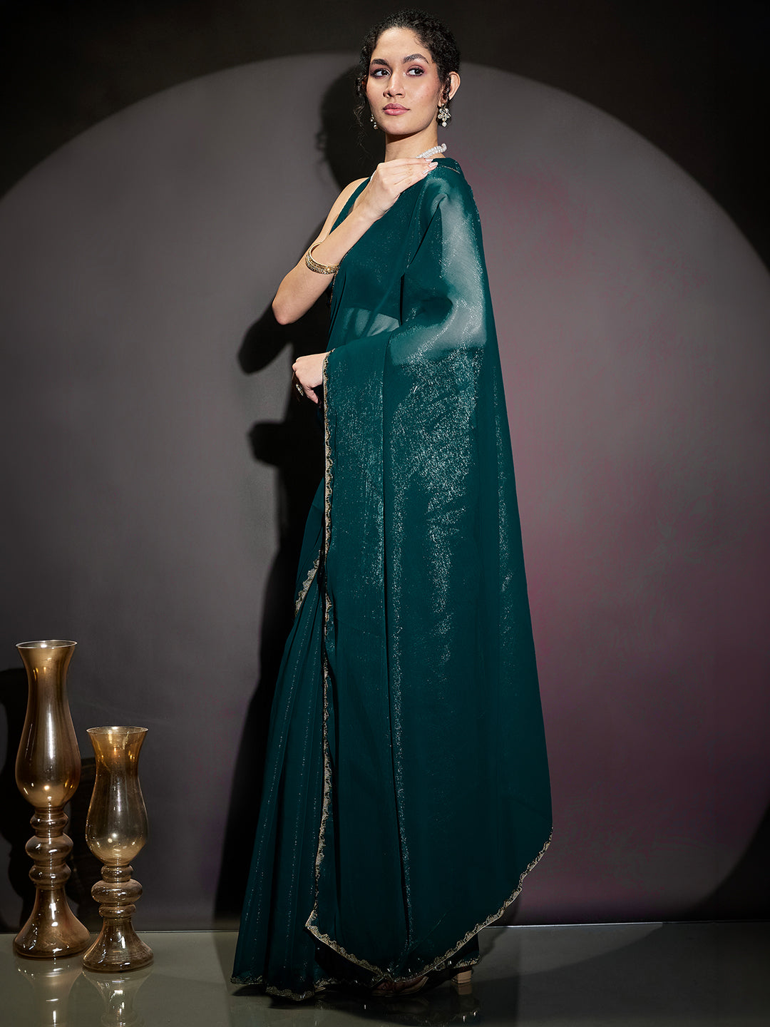 Janasya Women's Teal Blue Silk Blend One-Minute Ready-to-Wear Embellished Shimmer Saree with Unstitched Blouse