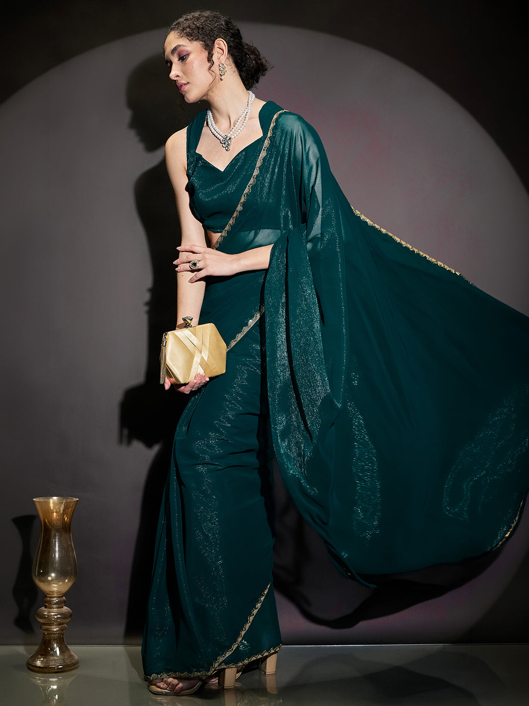 Janasya Women's Teal Blue Silk Blend One-Minute Ready-to-Wear Embellished Shimmer Saree with Unstitched Blouse