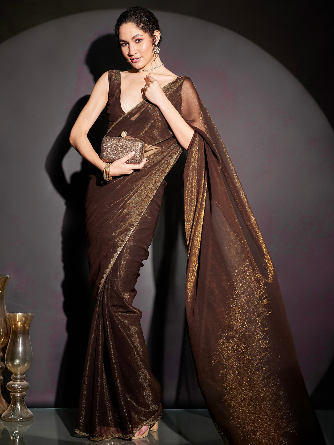 Janasya Women's Brown Silk Blend Ready To Wear Embellished Shimmer Saree with Unstitched Blouse