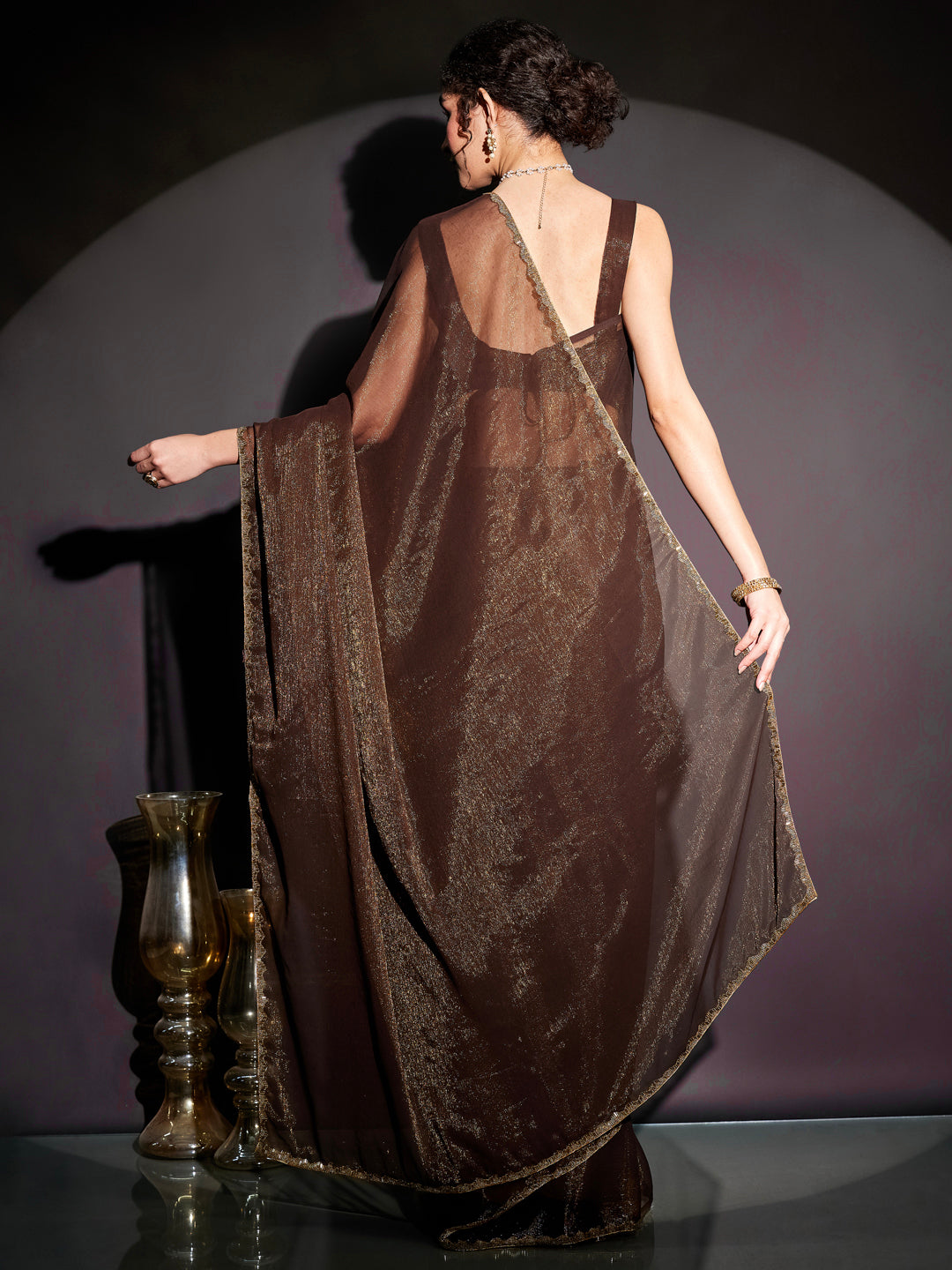 Janasya Women's Brown Silk Blend Ready To Wear Embellished Shimmer Saree with Unstitched Blouse