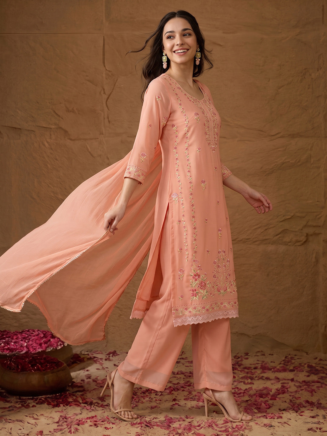 Janasya Women's Peach Georgette Floral Rubber Printed Straight Kurta Set with Solid Dupatta
