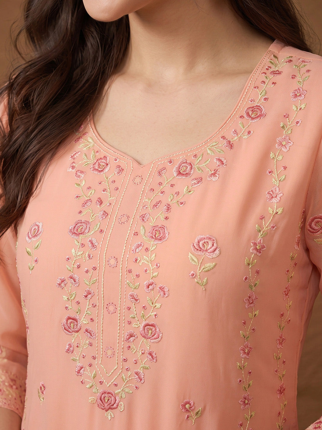 Janasya Women's Peach Georgette Floral Rubber Printed Straight Kurta Set with Solid Dupatta