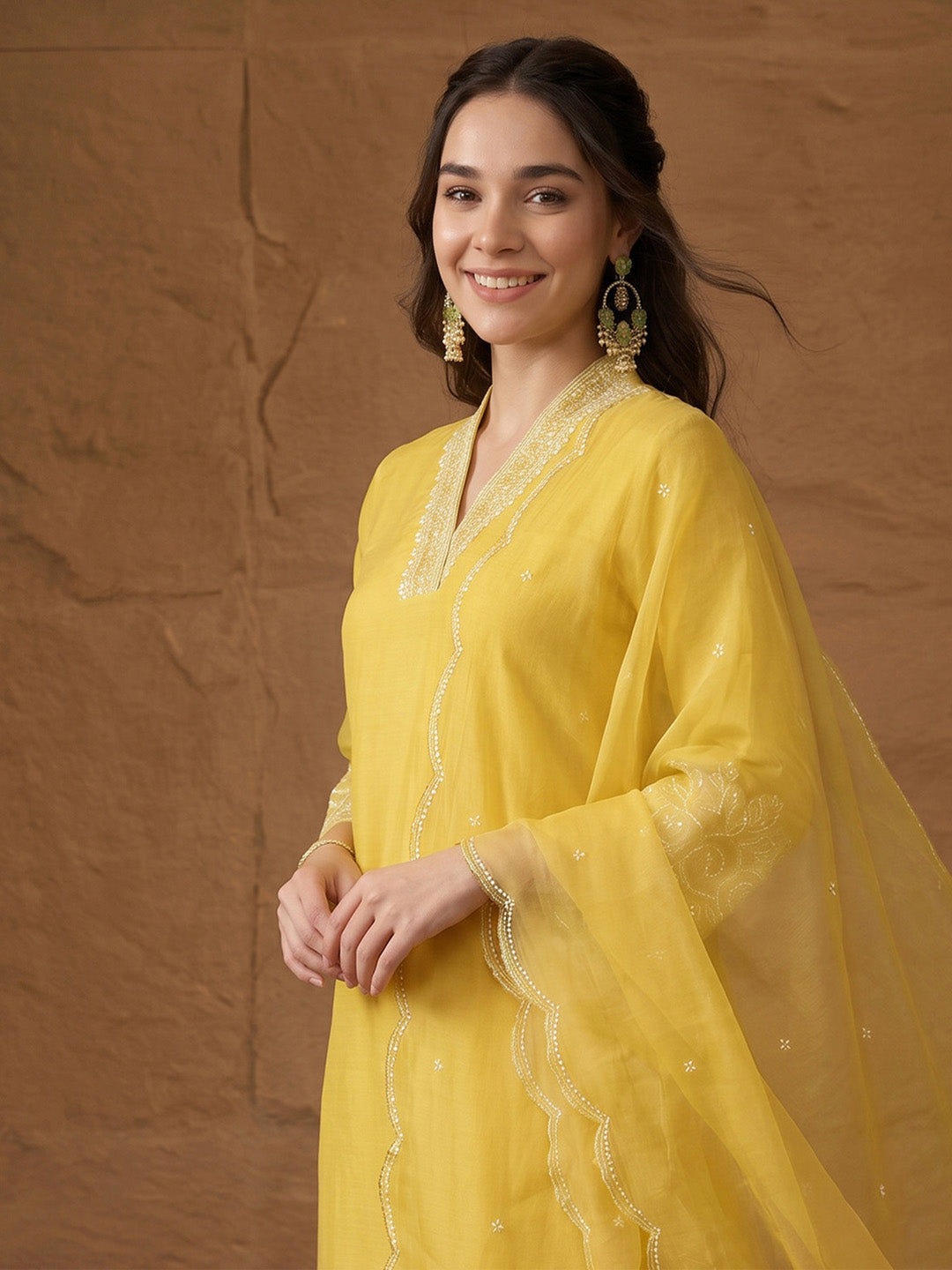 Janasya Women's Yellow Silk Blend Embroidered Straight Kurta Set