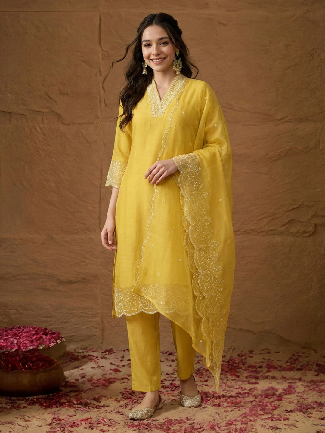 Janasya Women's Yellow Silk Blend Embroidered Straight Kurta Set