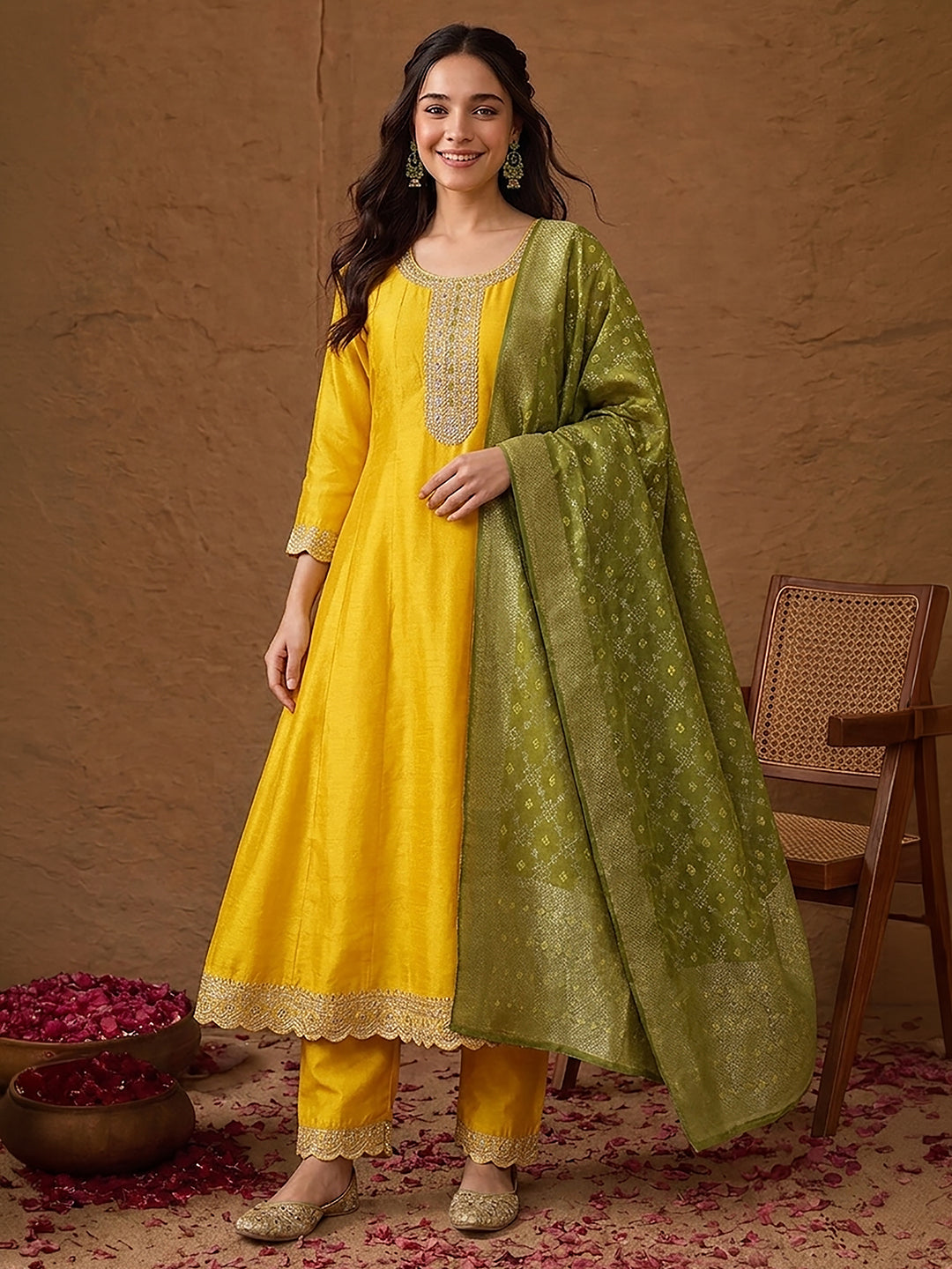 Janasya Women's Yellow Silk Blend Yoke Embroidered Anarkali Kurta Set with Jacquard Dupatta