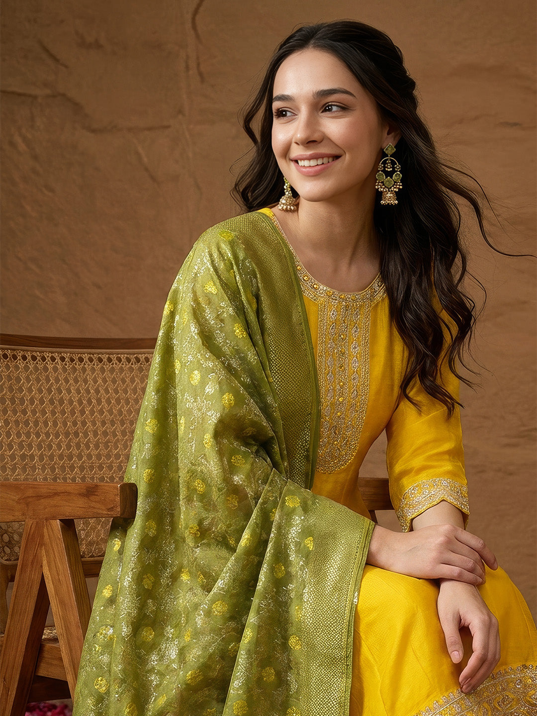 Janasya Women's Yellow Silk Blend Yoke Embroidered Anarkali Kurta Set with Jacquard Dupatta