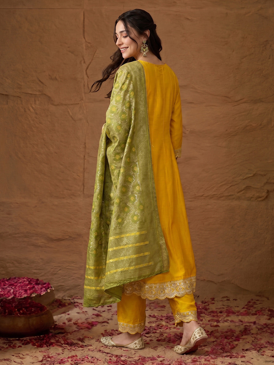 Janasya Women's Yellow Silk Blend Yoke Embroidered Anarkali Kurta Set with Jacquard Dupatta