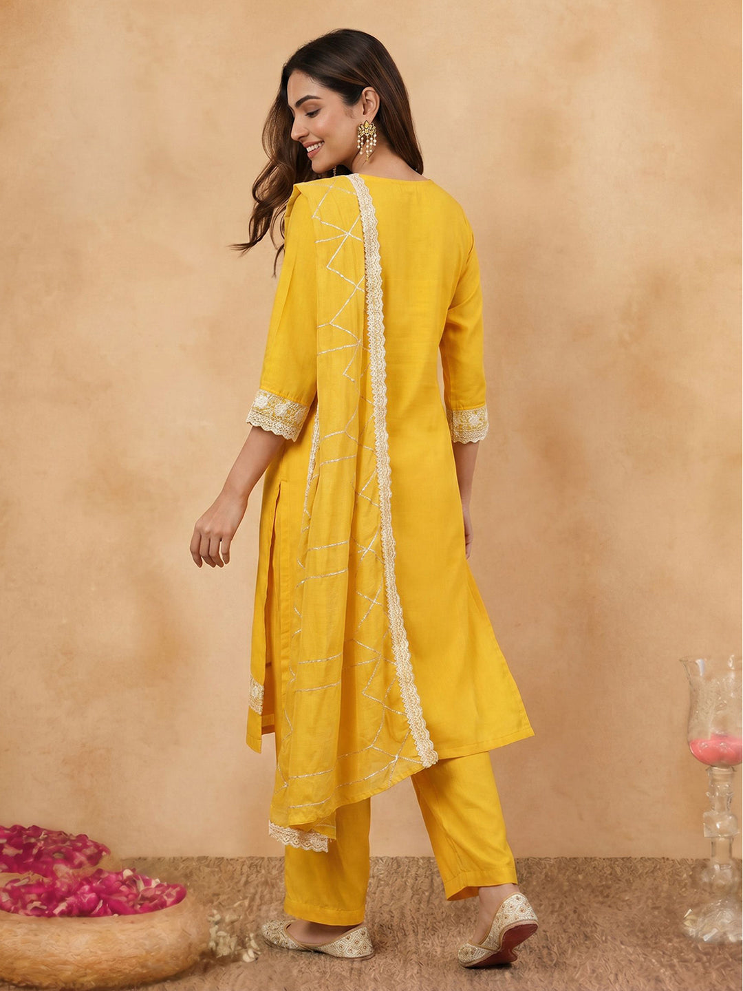 Janasya Women's Yellow Silk Blend Embroidered Straight Kurta Set with Thread Work Dupatta