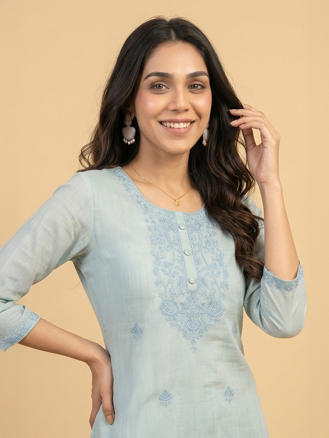 Janasya Women's Sage Green Cotton Blend Yoke Embroidered Straight Kurta Set